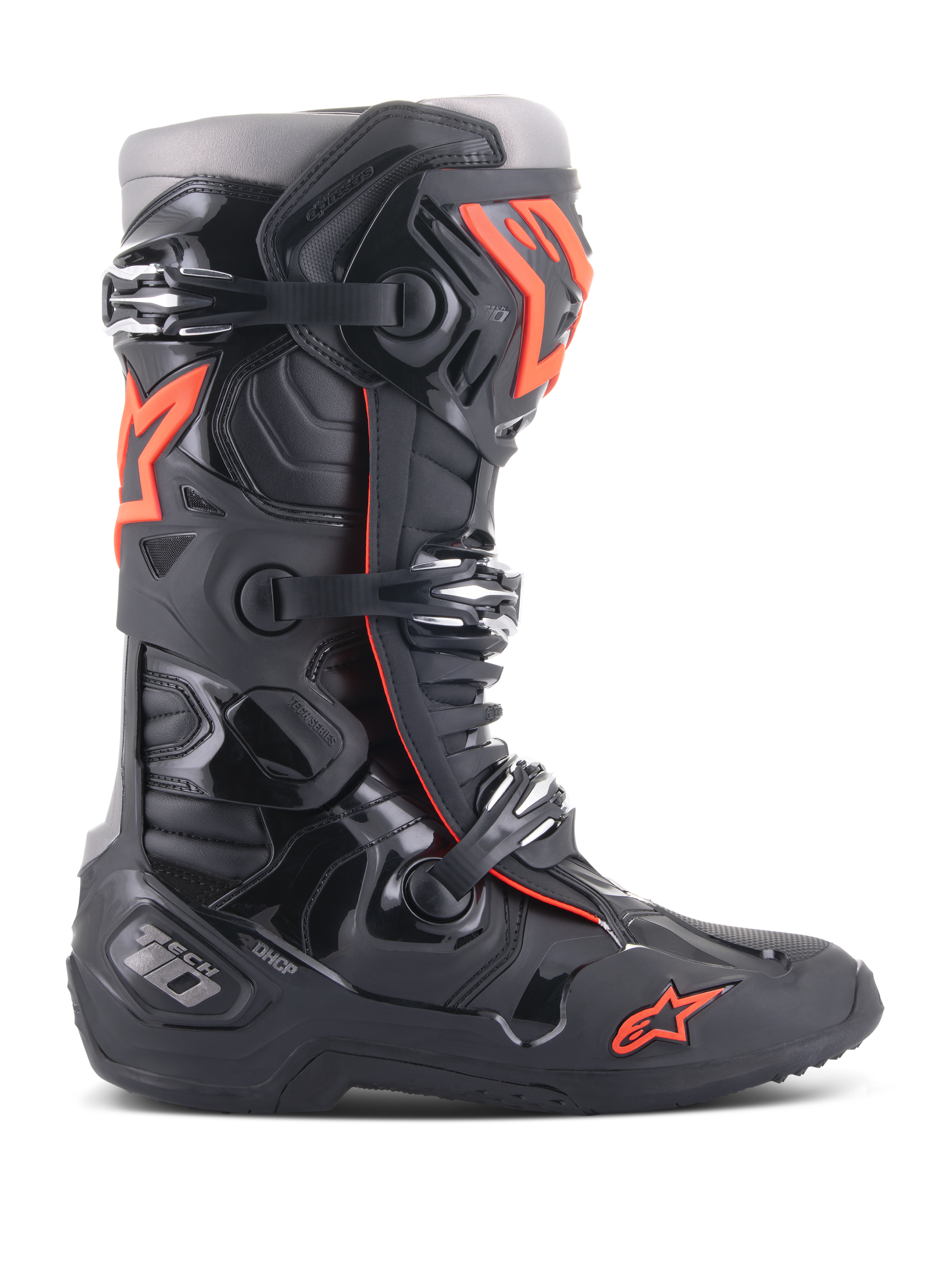 Alpinestars Tech 10 Stiefel, Motocross-Offroad-Rennstiefel, Schwarz und Rot Fluo, mit Drei-Schnallen-Verschlusssystem, konturierter TPU-Schutzschale, rotem Stern-Logo im Zehenbereich, Hochleistungskonstruktion für professionelles MX-Fahren