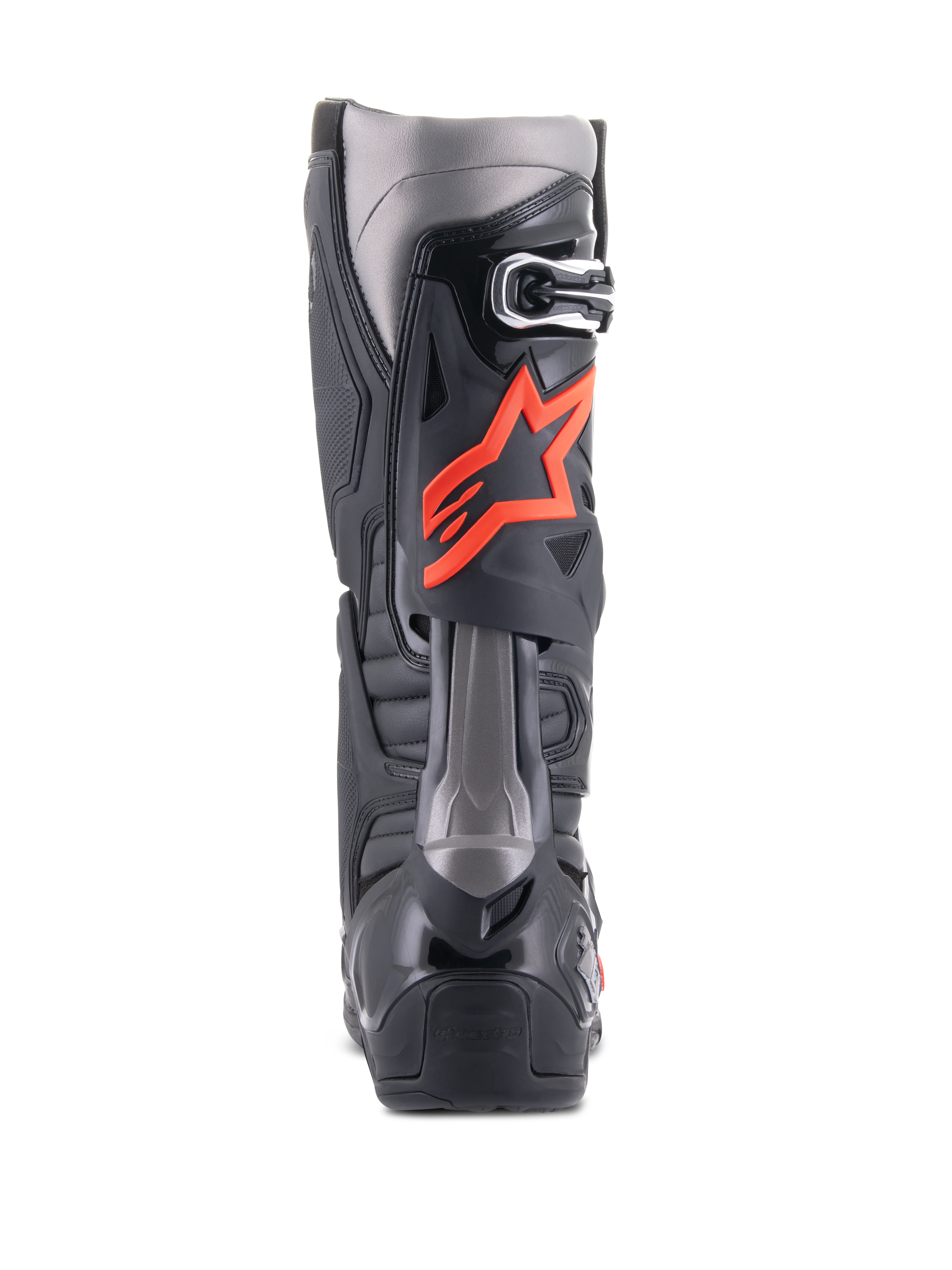 Alpinestars Tech 10 Stiefel, Motocross-Stiefel, Schwarz und Fluo-Rot, Rückansicht mit technischer TPU-Schale, dunkelgrauen Paneelen und einem markanten fluoreszierenden roten Stern-Logo an der Wade.