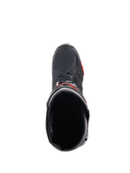 Alpinestars Tech 10 Stiefel, Motocross-Stiefel, Schwarz und Rot Fluo, Draufsicht mit Blick in die Stiefelöffnung, stromlinienförmige schwarze Schale mit roten Akzenten und strukturierter Zehenbereich