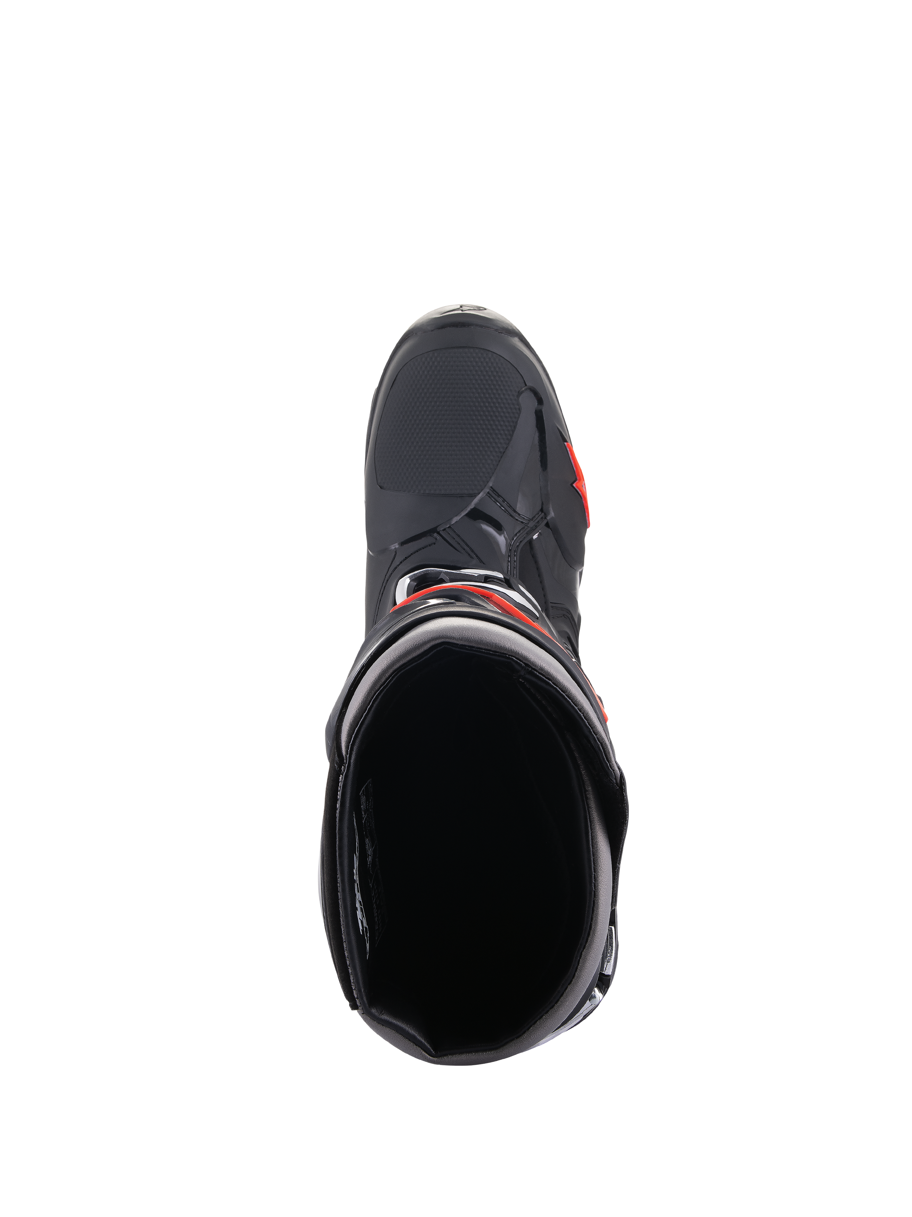 Alpinestars Tech 10 Stiefel, Motocross-Stiefel, Schwarz und Rot Fluo, Draufsicht mit Blick in die Stiefelöffnung, stromlinienförmige schwarze Schale mit roten Akzenten und strukturierter Zehenbereich