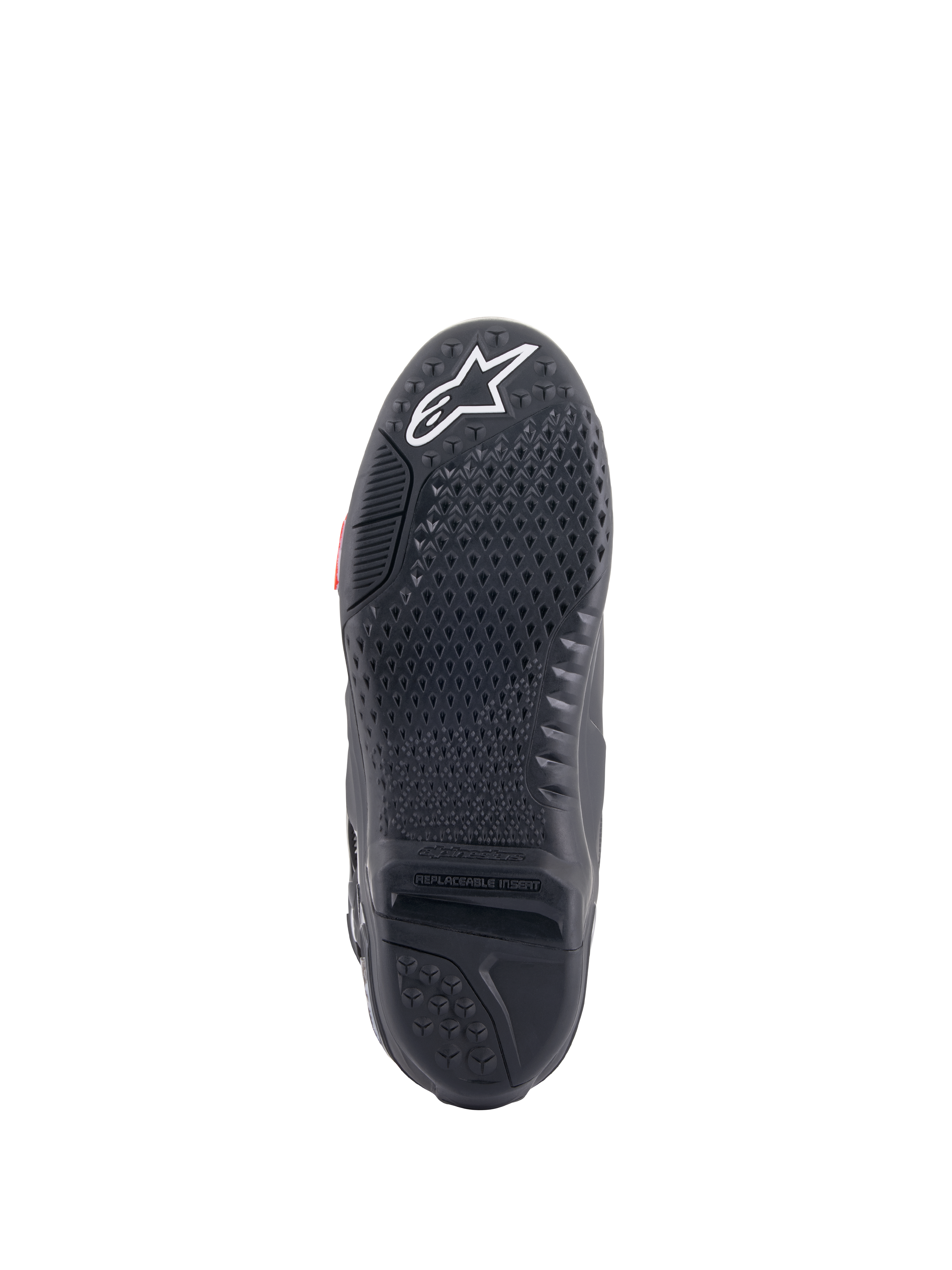 Alpinestars Tech 10 Stiefel, Motocross-Stiefel, Ansicht der schwarzen Sohle mit proprietärer Grip-Struktur und strukturiertem Profil, weißes Stern-Logo an der Spitze und austauschbarer zentraler Sohleneinsatz für Offroad-Performance