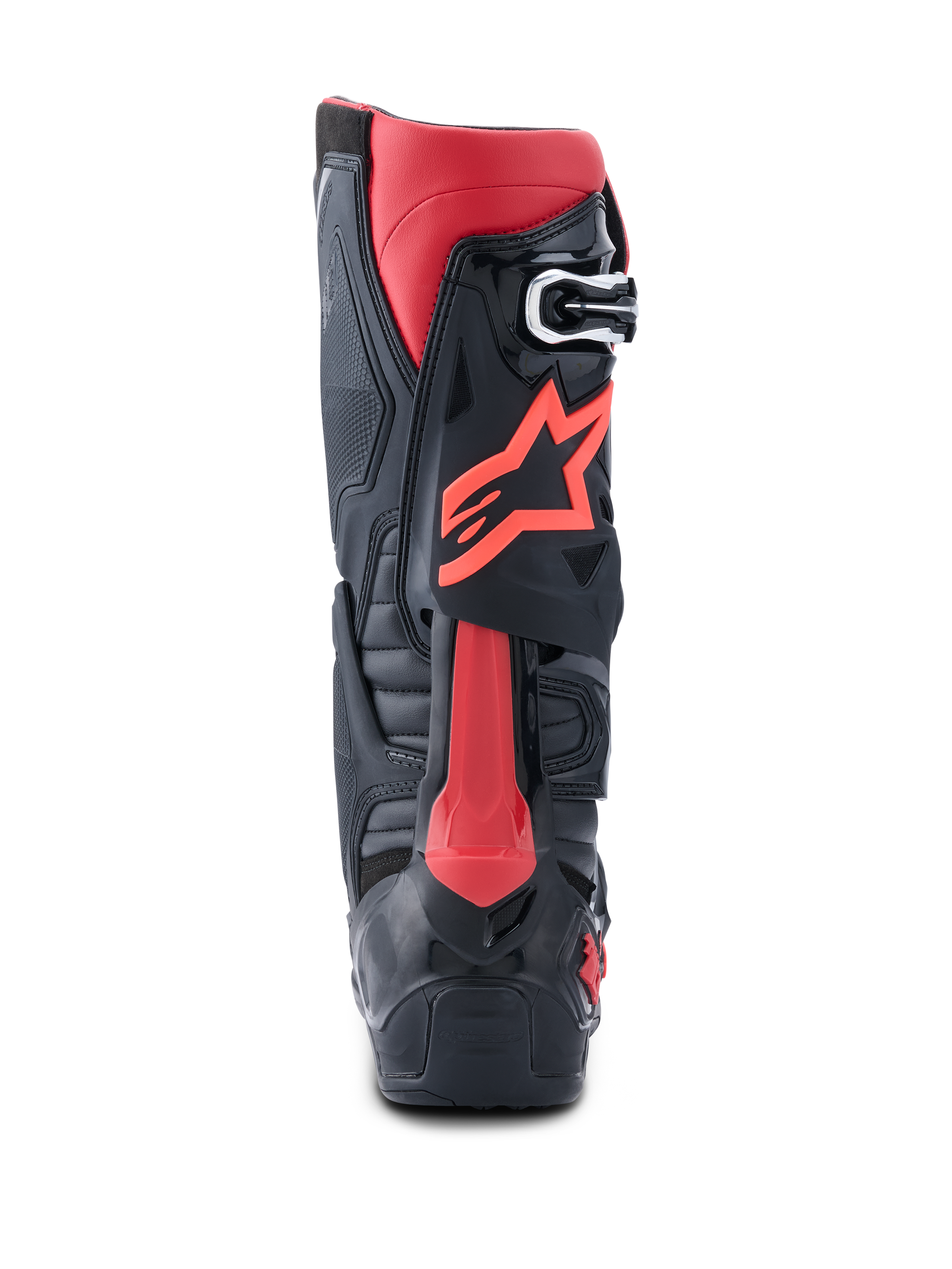 Alpinestars Tech 10 Boots, Motocross Boots, Black and Red, rear profile view featuring red Astars logo, Dynamic Heel Compression Protector, and robust TPU chassis for high-performance off-road racing.