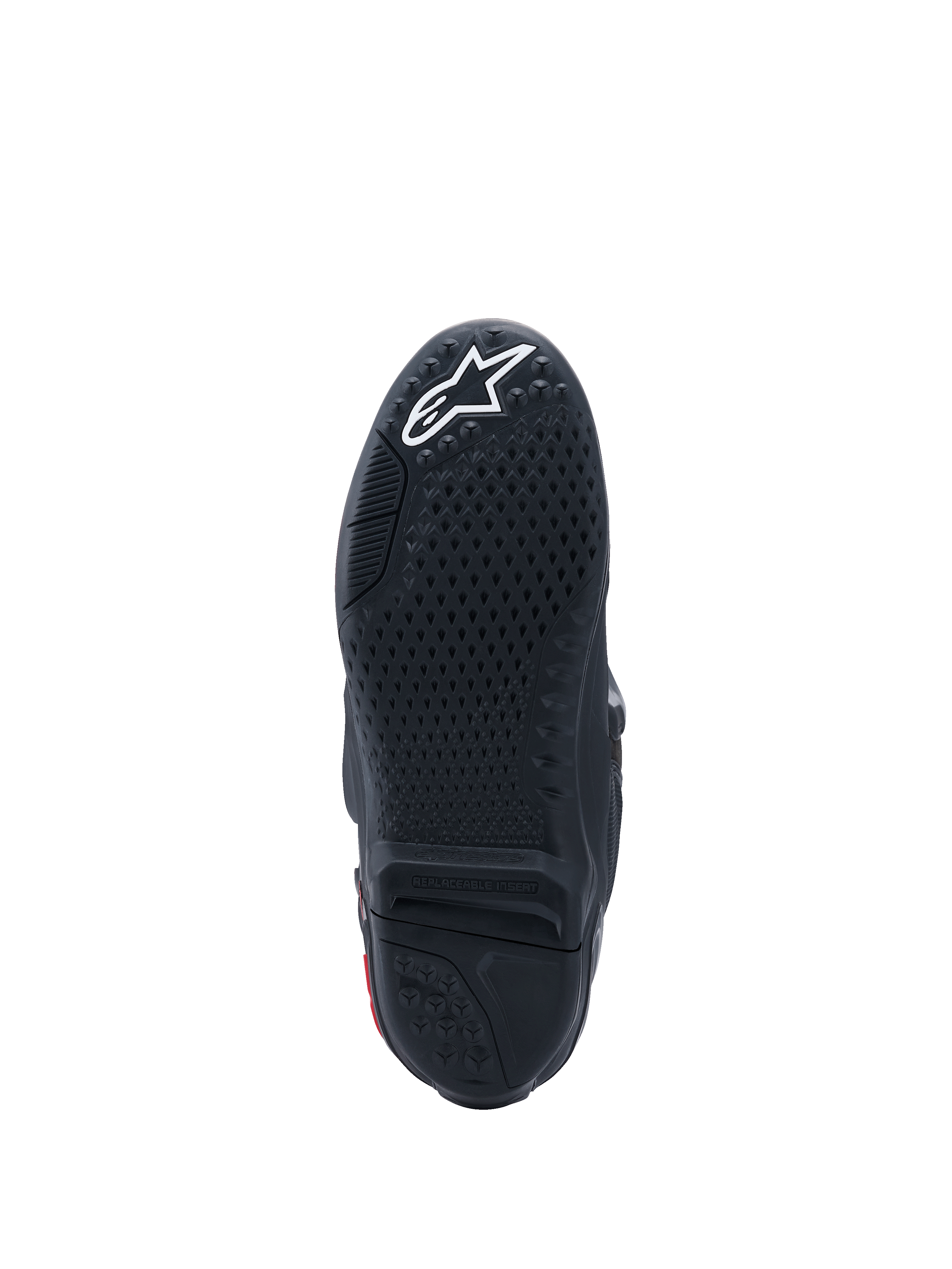 Alpinestars Tech 10 Boots, Bottom Sole View, Black with White Logo, Textured Grip Pattern, Replaceable Central Insert, High-Performance Motocross Footwear