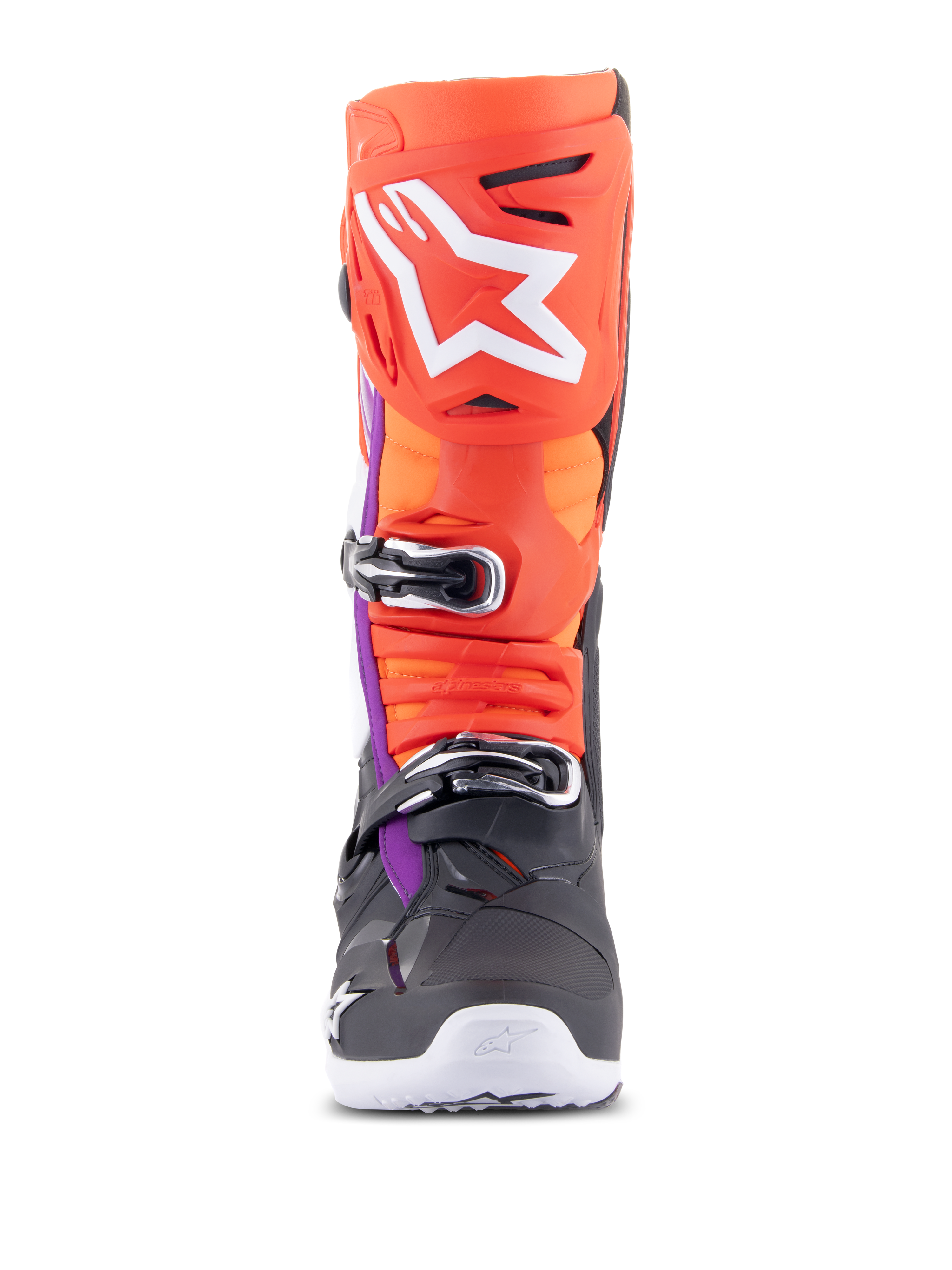 Alpinestars Tech 10 laarzen, motorcrosslaarzen, zwart, fluorood, fluooranje en wit met paarse accenten, vooraanzicht met meervoudig gespsluitingssysteem en groot wit logo op de scheenbeschermer