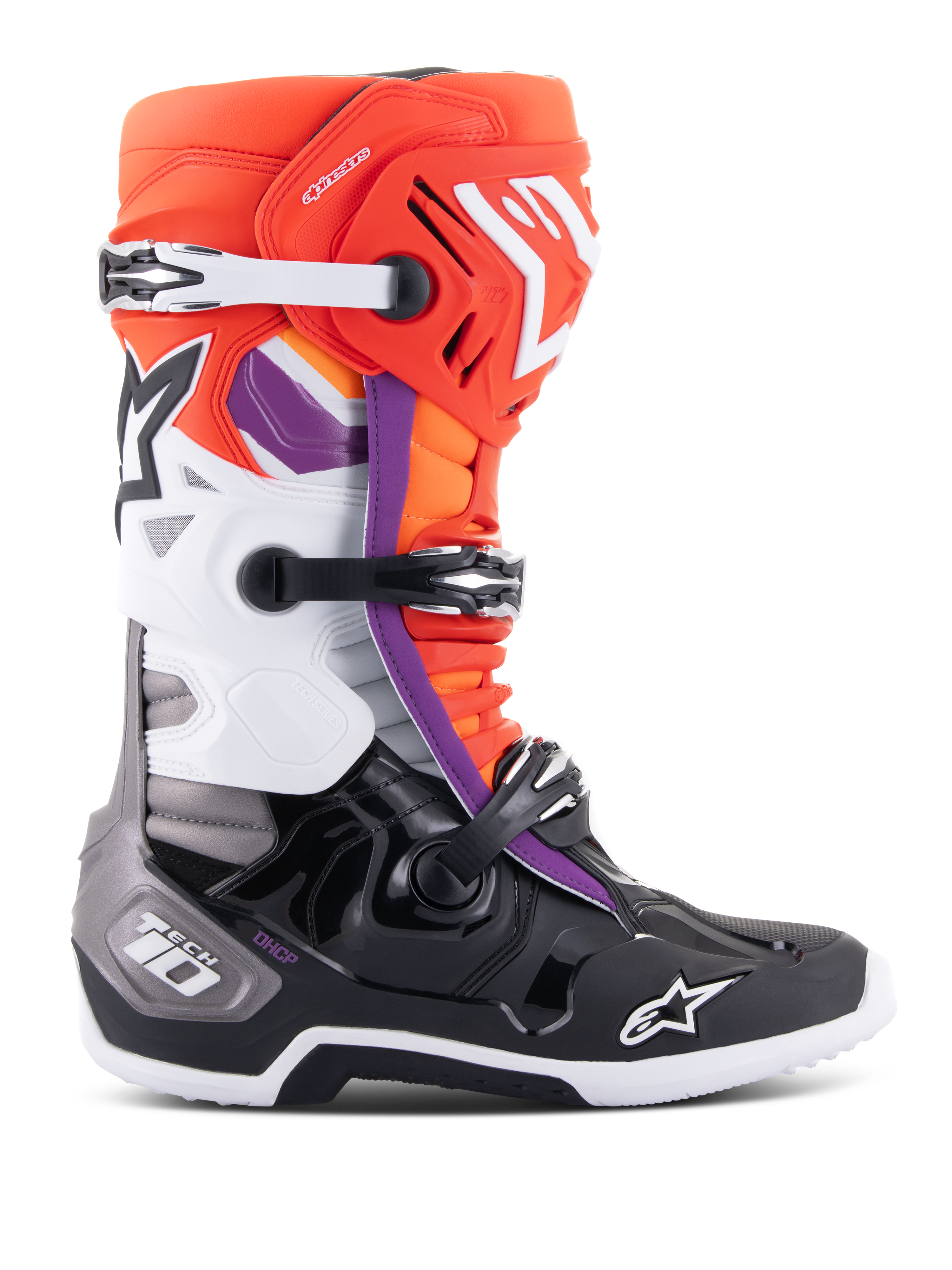 Alpinestars Tech 10 laarzen, motocrosslaarzen, zwart met fluo-oranje, witte en paarse accenten, met een drievoudig gespsysteem, sterlogo's op de scheen en neus en DHCP hielbescherming, zijaanzicht van off-road racelaarzen.