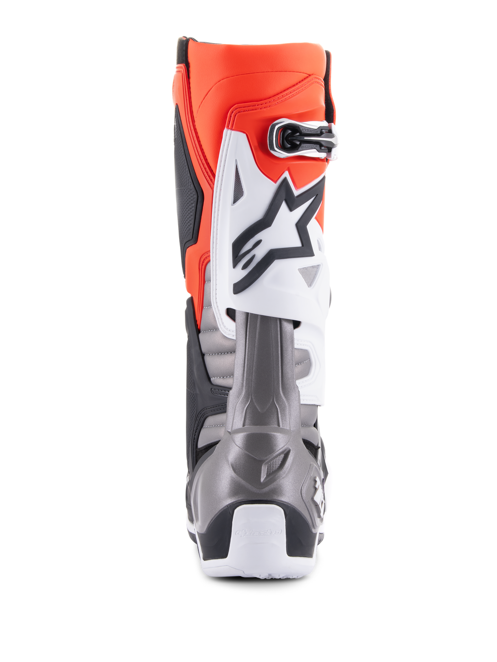 Alpinestars Tech 10 laarzen, motorcrosslaarzen, zwart, rood, fluo oranje en wit, achteraanzicht met een feloranje bovenwerk, witte beschermplaat met zwart logo en metallic grijze hielsectie voor off-road raceprestaties