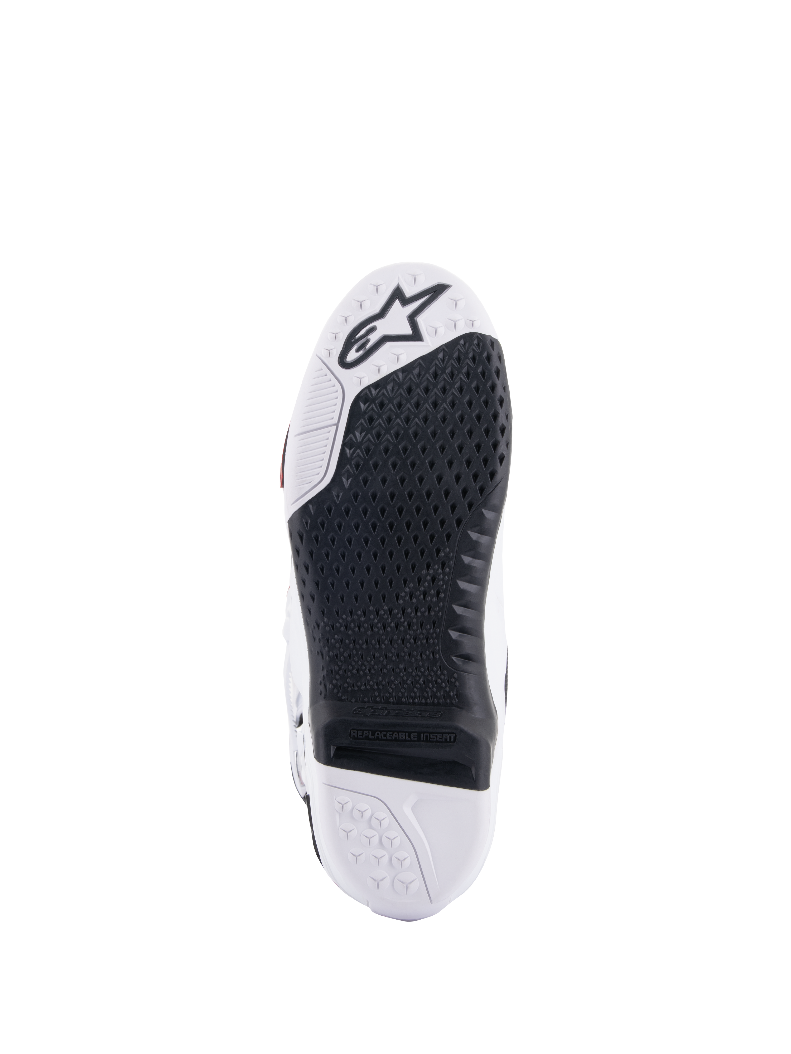 Alpinestars Tech 10 laarzen, motorcrosslaarzen, onderaanzicht met het zwarte vervangbare centrale inzetstuk en witte zool, getextureerd grippatroon, Alpinestars sterlogo op het teengedeelte, duurzaam off-road schoeisel