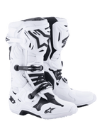 Alpinestars Tech 10 Motocross Boots, White with black accents, rugged high-cut design featuring a triple buckle closure system, TPU shell protection, and advanced flexion control, professional off-road racing footwear