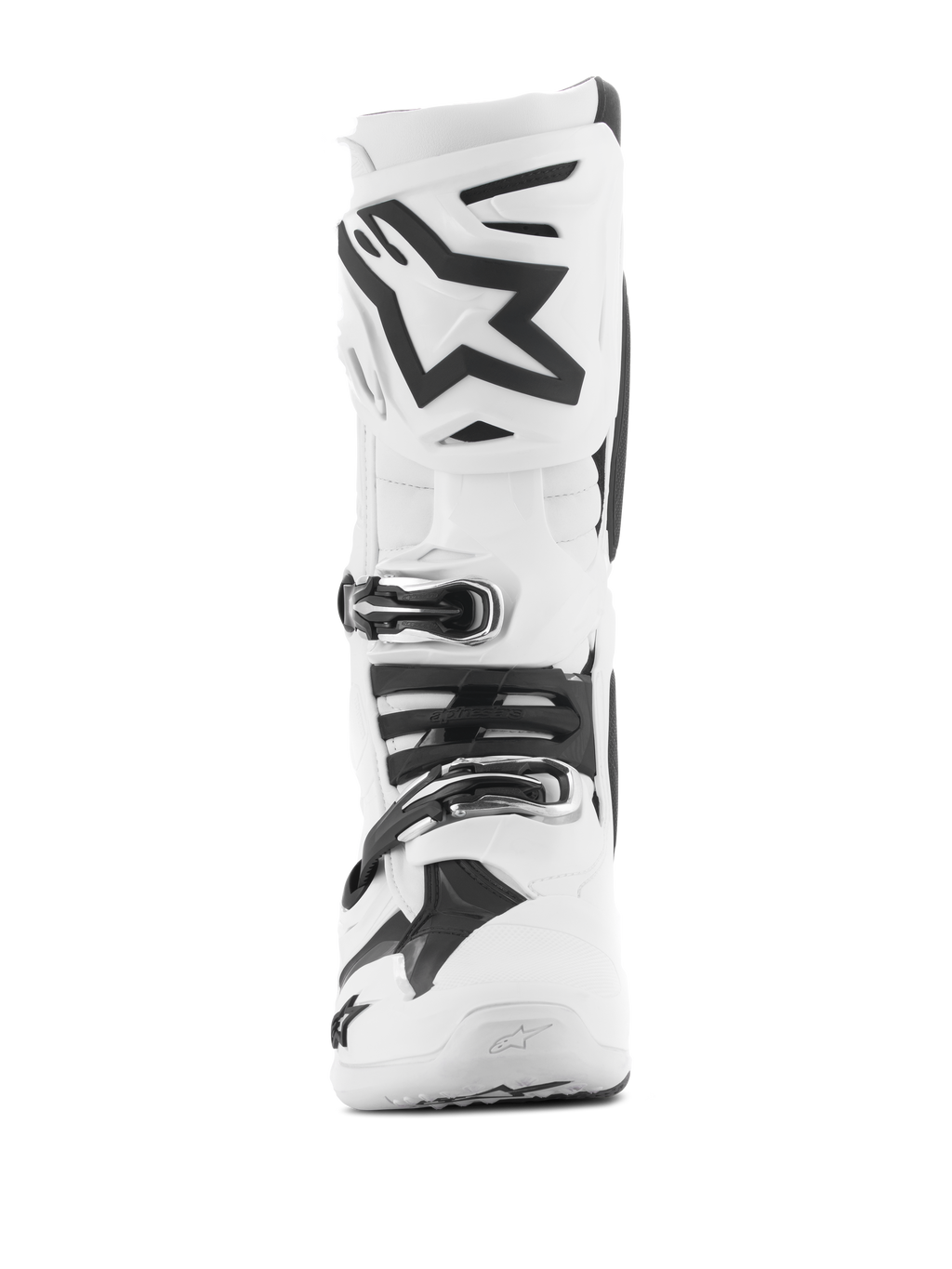 Alpinestars Tech 10 Boots, White Motocross Boots, frontal view featuring a black Astars logo on the shin plate, multiple buckle closure system, and streamlined protective design for off-road racing