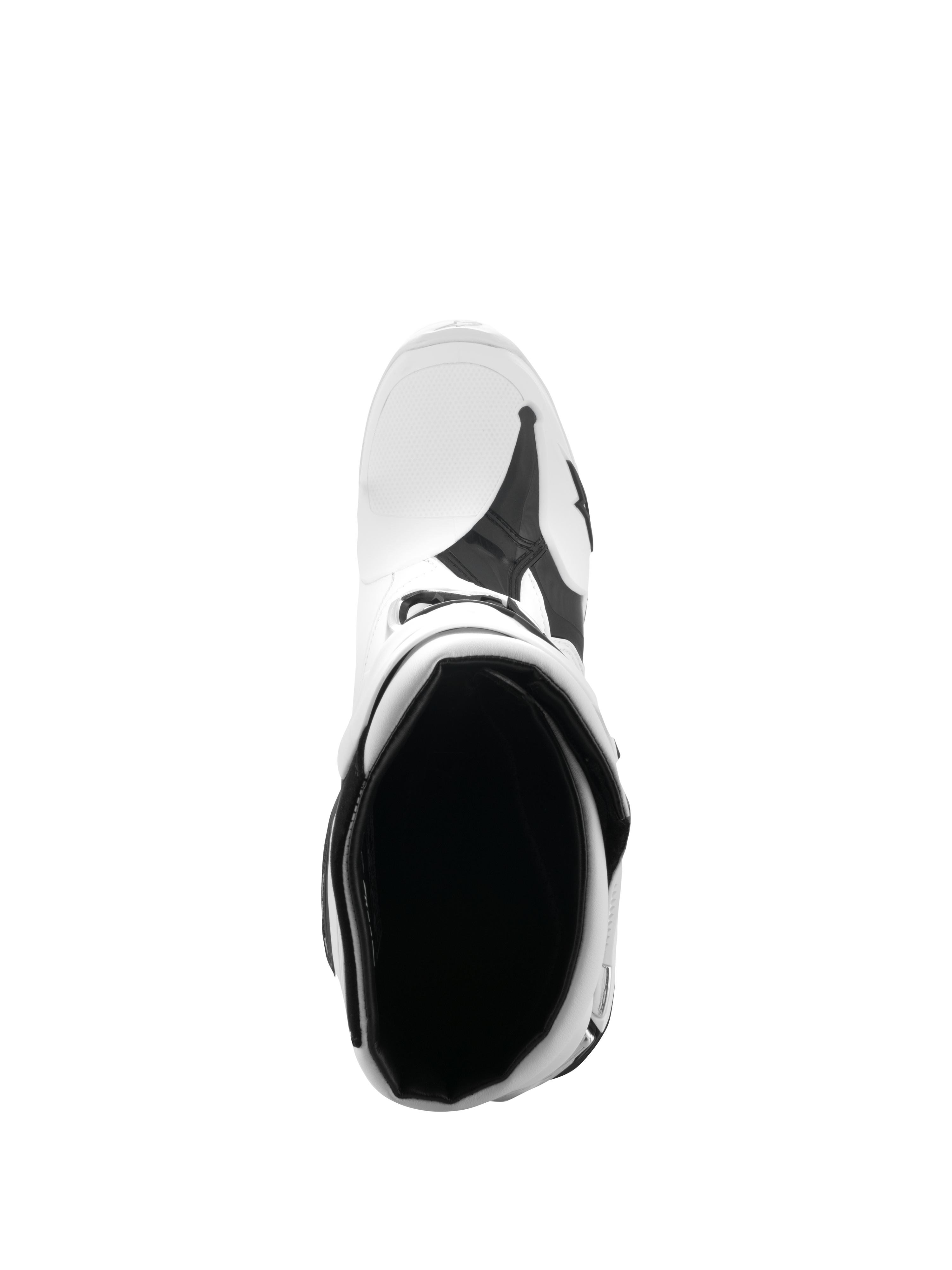 Alpinestars Tech 10 Boots, Motocross Boots, White and Black, top-down view looking into the boot interior, highlighting the padded opening and footbed, professional off-road racing footwear