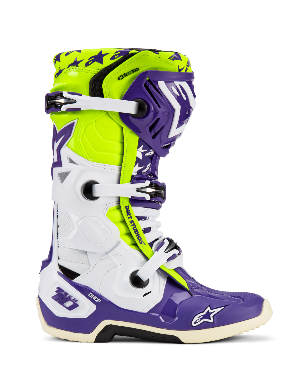 Alpinestars Tech 10 Dirt Studios® LE Stiefel, Motocross-Stiefel, Lila, Weiß und Gelb Fluo, Seitenansicht mit weißen verstellbaren Schnallen, Sternmuster-Grafiken, schützenden TPU-Komponenten und robuster Sohle für Offroad-Performance