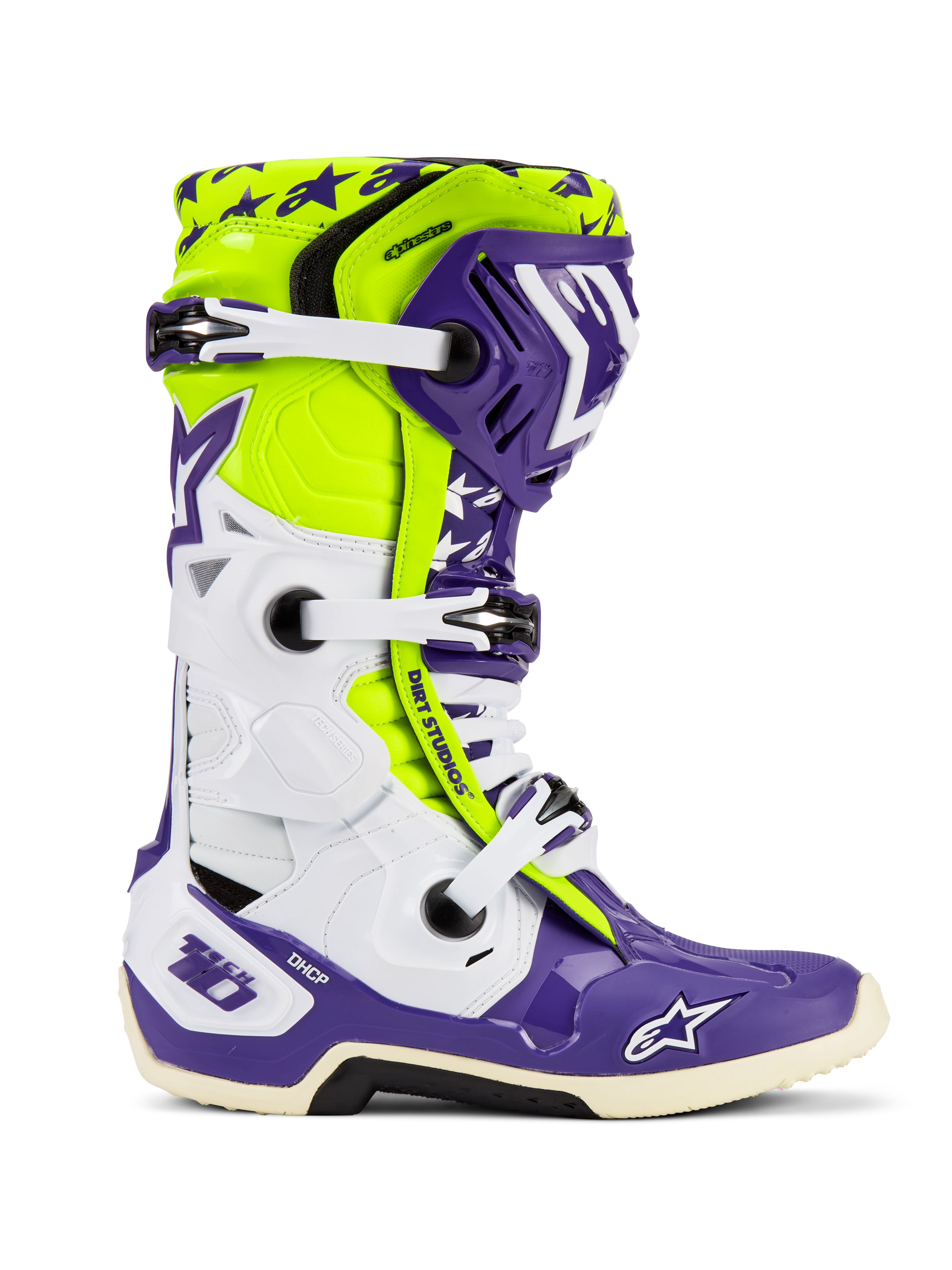 Alpinestars Tech 10 Dirt Studios® LE Stiefel, Motocross-Stiefel, Lila, Weiß und Gelb Fluo, Seitenansicht mit weißen verstellbaren Schnallen, Sternmuster-Grafiken, schützenden TPU-Komponenten und robuster Sohle für Offroad-Performance