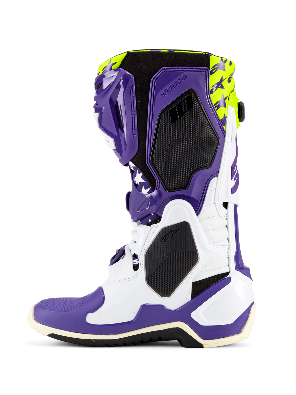 Alpinestars Tech 10 Dirt Studios® LE Stiefel, Motocross-Stiefel, Weiß, Lila und Gelb Fluo, Seitenansicht mit weiß-lila TPU-Chassis, oberer Bereich in Gelb Fluo mit Sterngrafiken, schwarze Wabenstruktur-Paneele und professionelles Offroad-Renndesign.