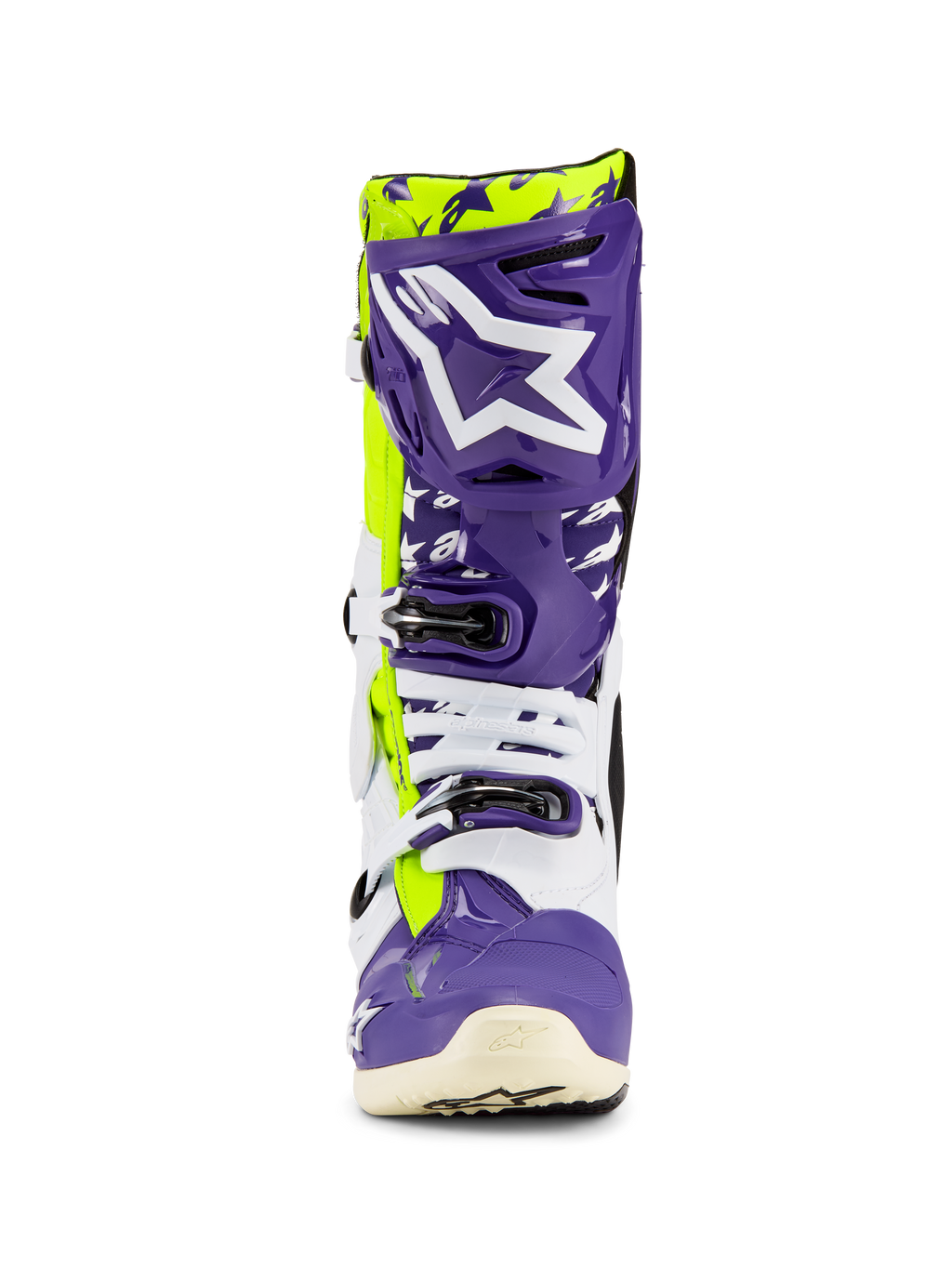 Alpinestars Tech 10 Dirt Studios® LE Stiefel, Motocross-Stiefel, Lila, Weiß und Gelb Fluo, Vorderansicht mit einem großen weißen Logo auf einer lila Schienbeinplatte, Mehrfach-Schnallenverschlusssystem und strapazierfähige Schutzschale für Offroad-Rennsport