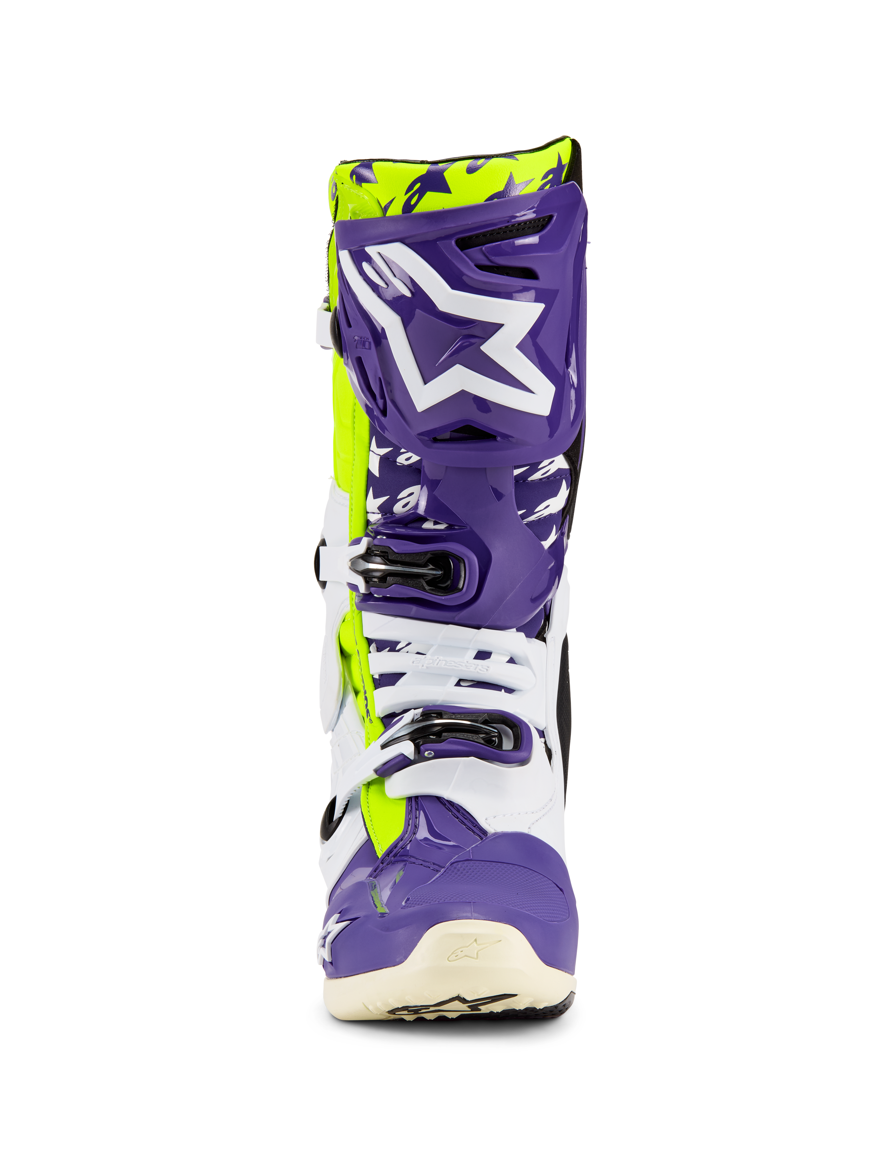 Alpinestars Tech 10 Dirt Studios® LE Stiefel, Motocross-Stiefel, Lila, Weiß und Gelb Fluo, Vorderansicht mit einem großen weißen Logo auf einer lila Schienbeinplatte, Mehrfach-Schnallenverschlusssystem und strapazierfähige Schutzschale für Offroad-Rennsport