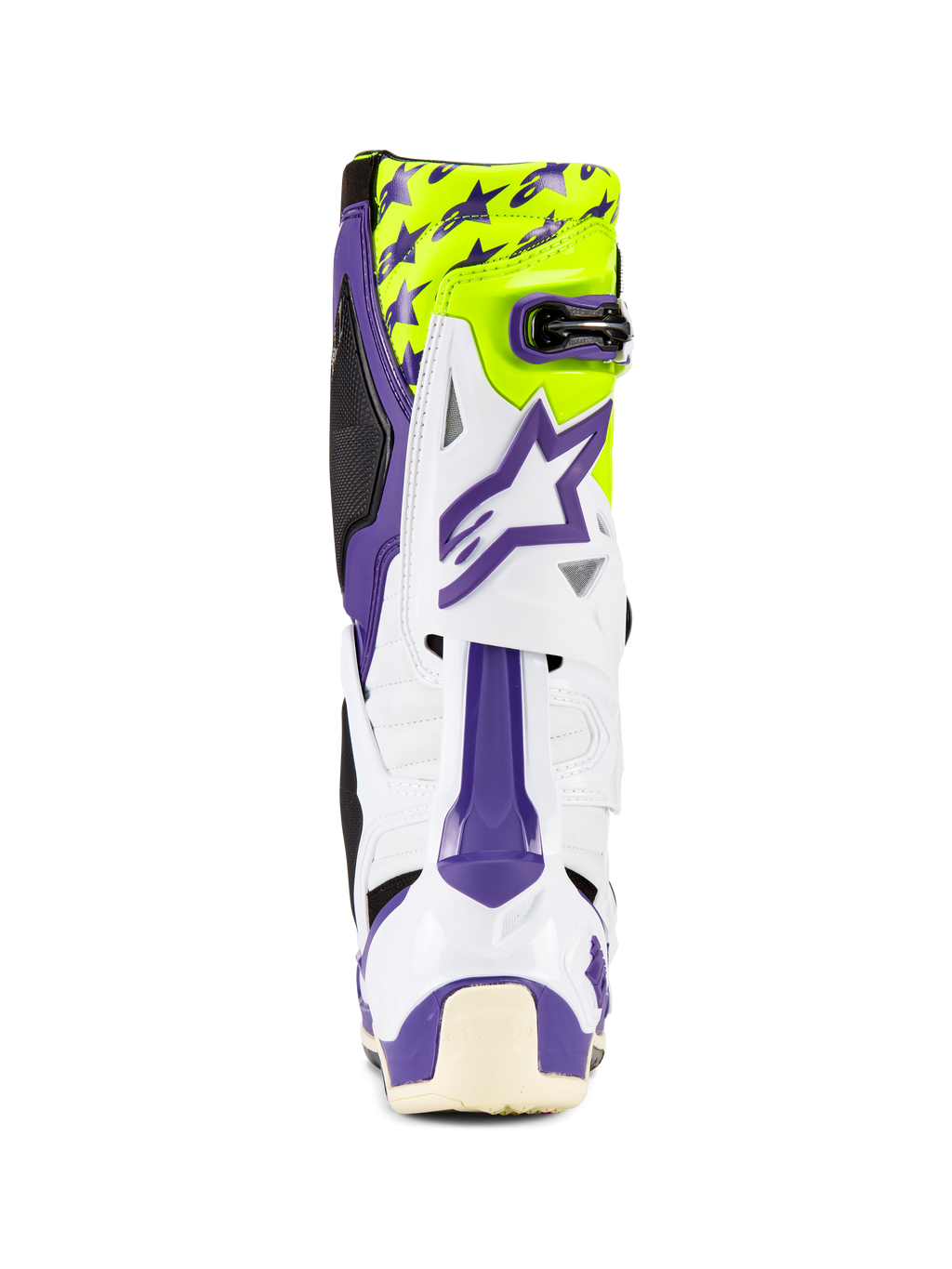 Alpinestars Tech 10 Dirt Studios® LE Stiefel, Motocross-Stiefel, Weiß, Lila und Gelb Fluo, Rückansicht, mit lila Stern-Grafiken auf neongelbem Hintergrund, weiße TPU-Schale mit lila Akzenten, professionelles Offroad-Schutzschuhwerk
