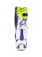 Alpinestars Tech 10 Dirt Studios® LE Stiefel, Motocross-Stiefel, Weiß, Lila und Gelb Fluo, Rückansicht, mit lila Stern-Grafiken auf neongelbem Hintergrund, weiße TPU-Schale mit lila Akzenten, professionelles Offroad-Schutzschuhwerk