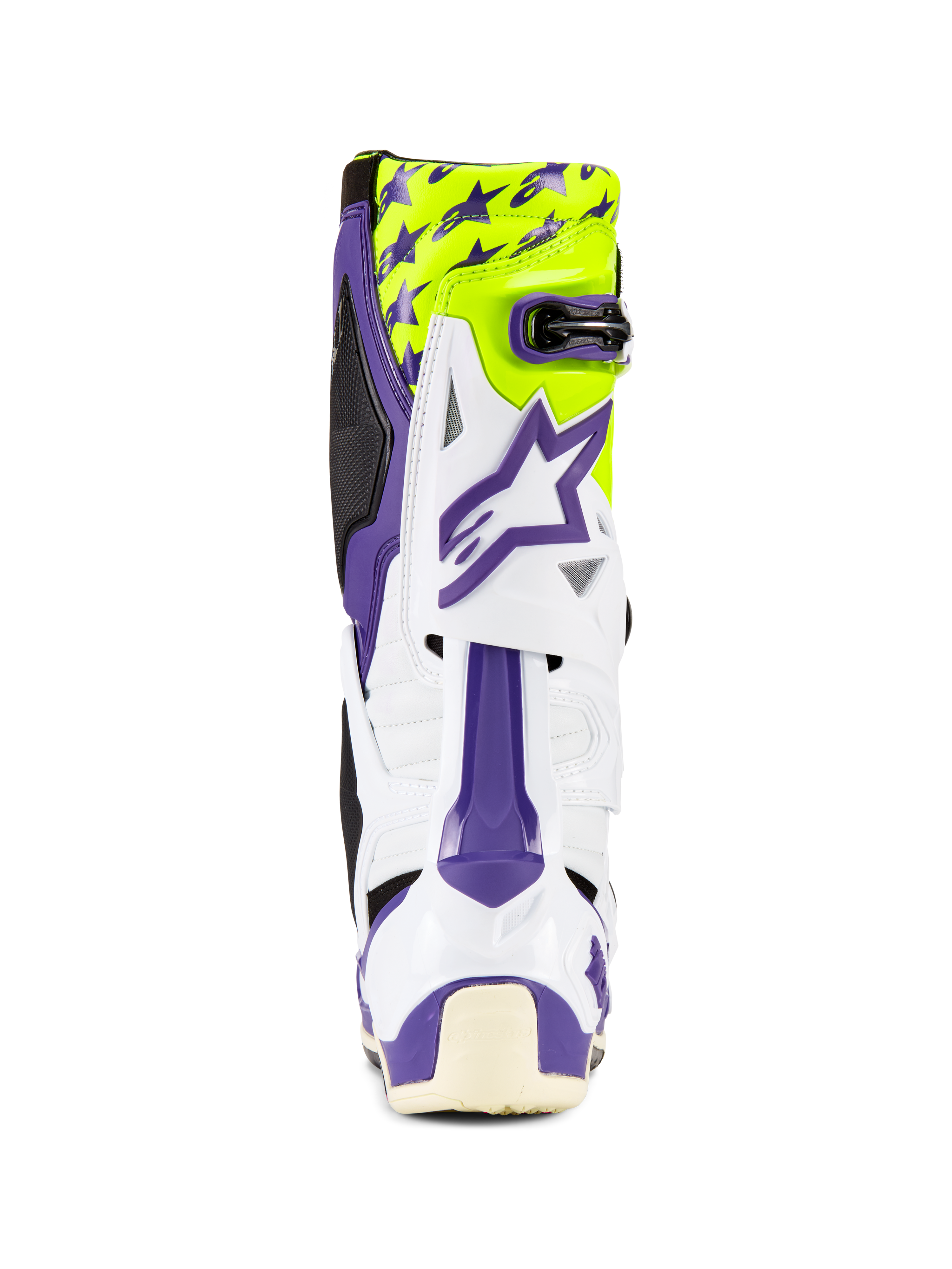 Alpinestars Tech 10 Dirt Studios® LE Stiefel, Motocross-Stiefel, Weiß, Lila und Gelb Fluo, Rückansicht, mit lila Stern-Grafiken auf neongelbem Hintergrund, weiße TPU-Schale mit lila Akzenten, professionelles Offroad-Schutzschuhwerk
