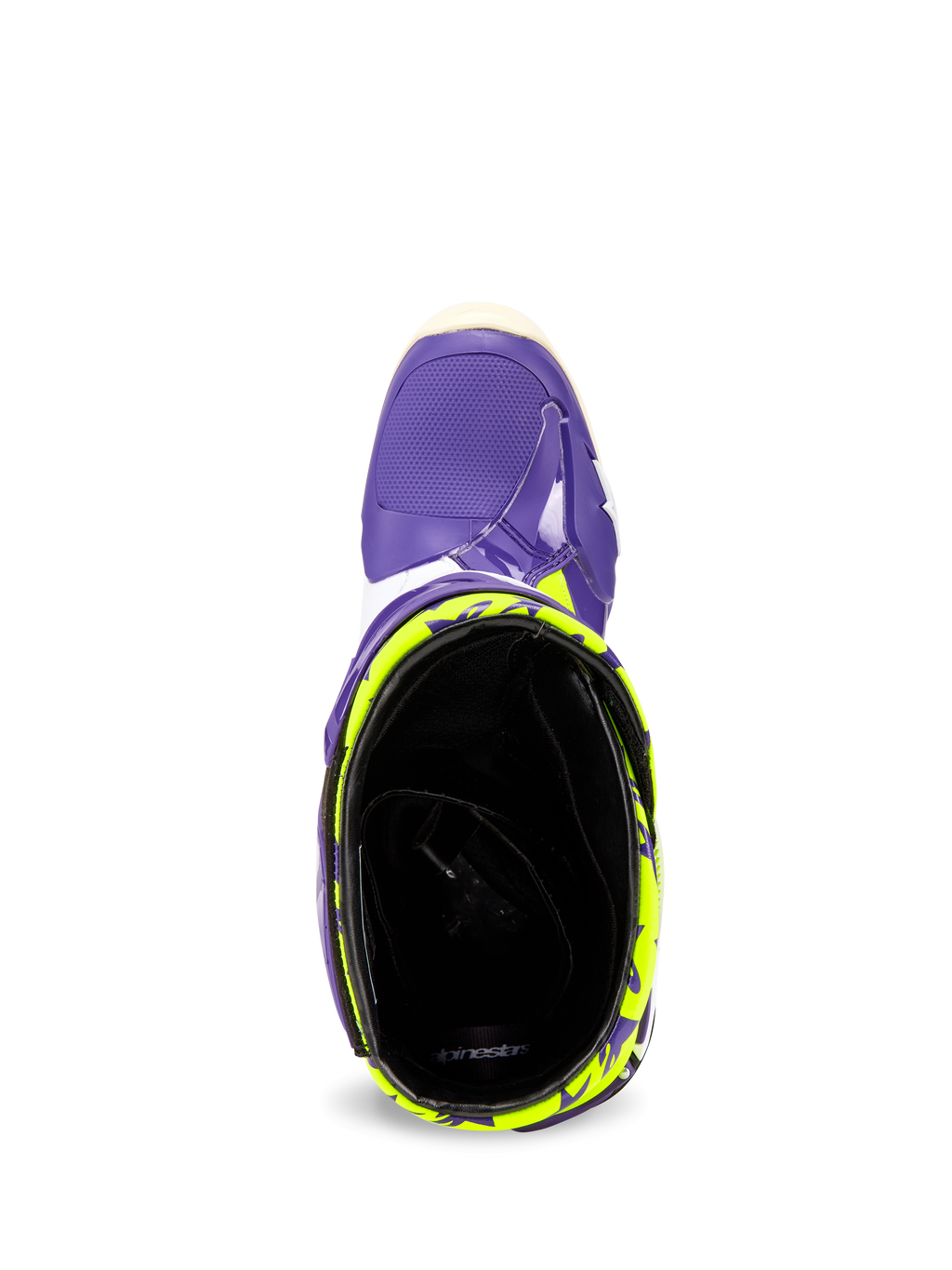 Alpinestars Tech 10 Dirt Studios® LE Stiefel, Ansicht von oben in die Knöchelöffnung, lila Außenschale mit fluogelben Mustern, schwarzes Innenfutter, Hochleistungs-Motocross-Stiefel