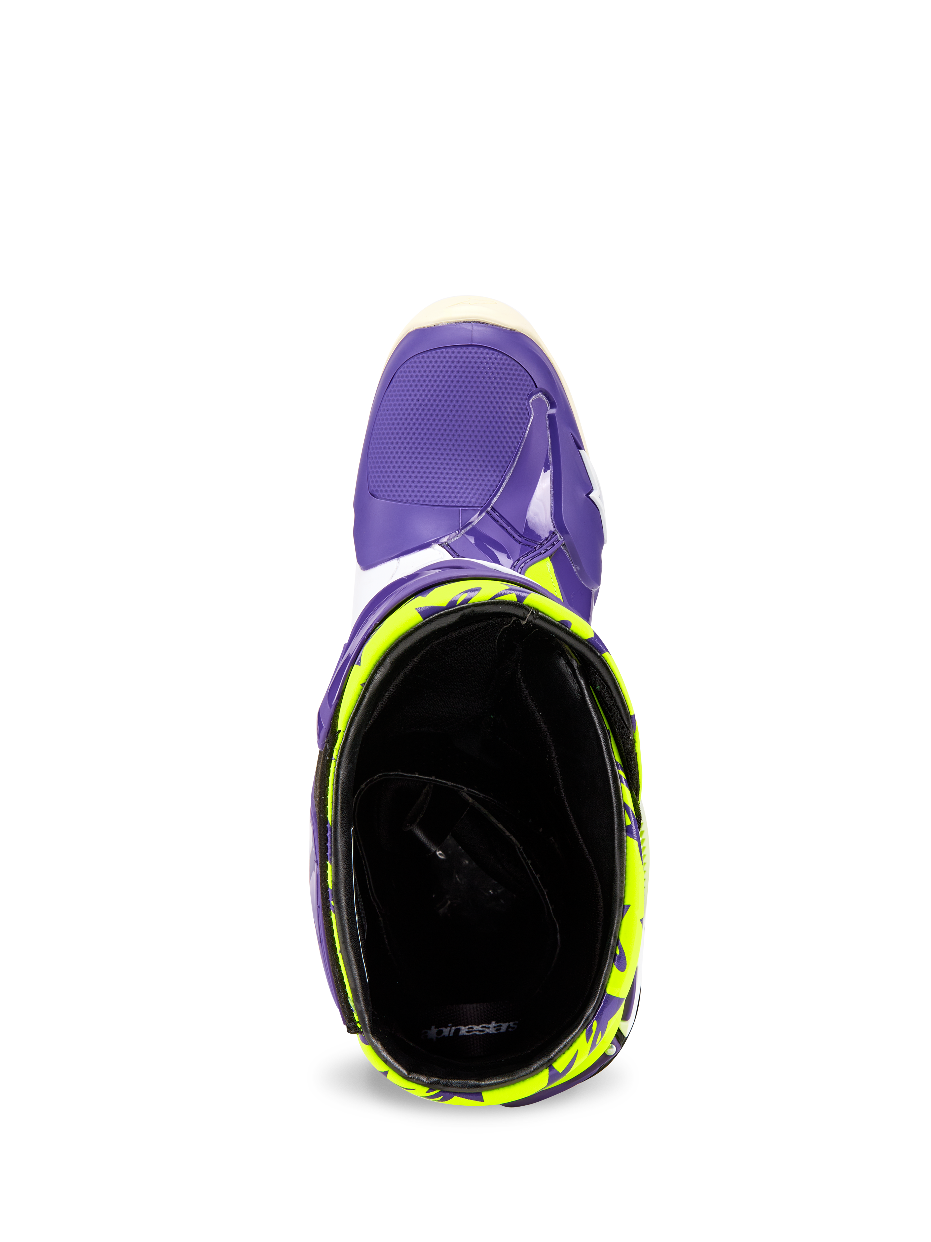 Alpinestars Tech 10 Dirt Studios® LE Stiefel, Ansicht von oben in die Knöchelöffnung, lila Außenschale mit fluogelben Mustern, schwarzes Innenfutter, Hochleistungs-Motocross-Stiefel