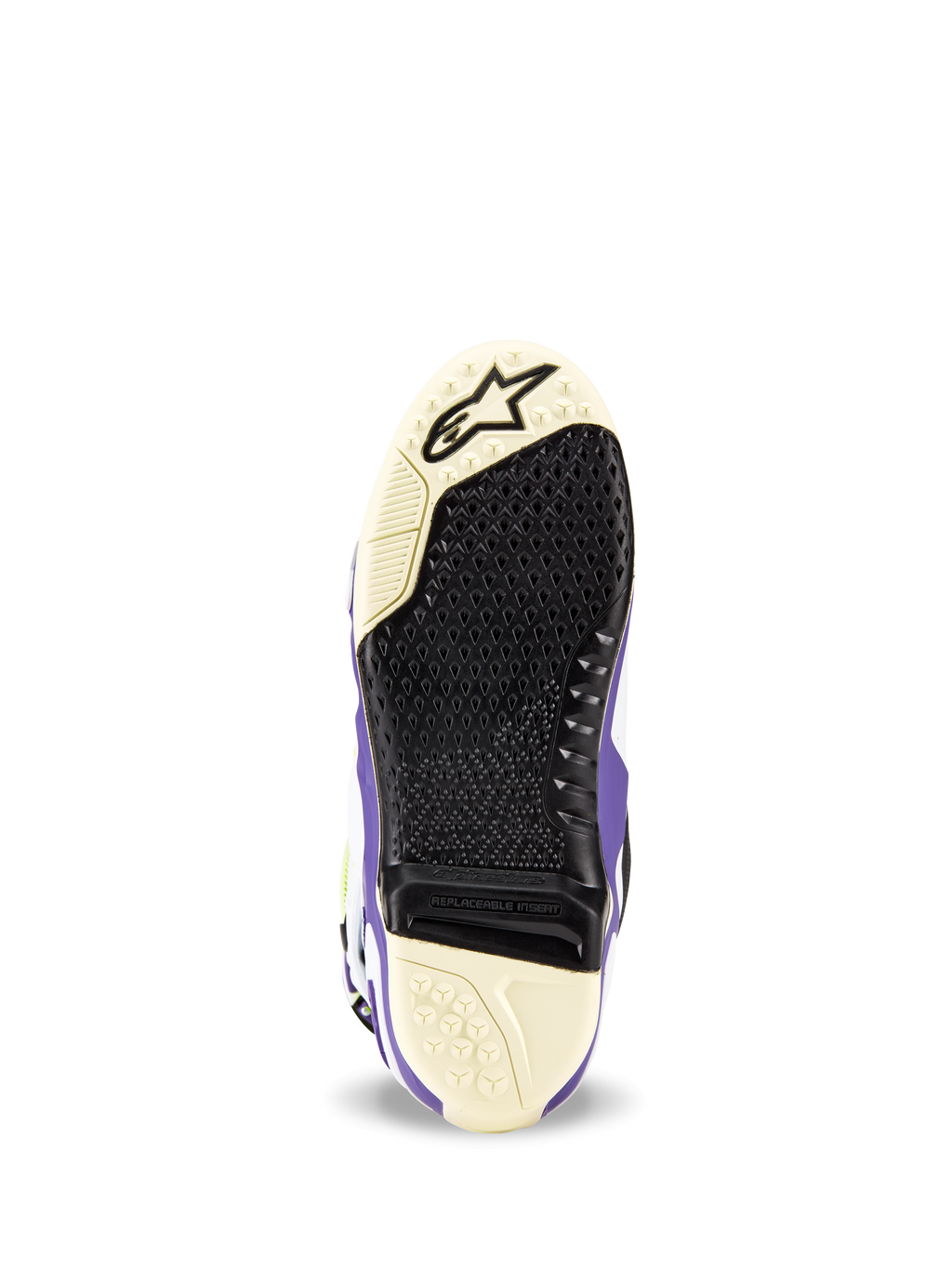 Alpinestars Tech 10 Dirt Studios® LE Stiefel, Sohlenansicht, Weiß, Lila und Schwarz, texturiertes Gripprofil mit austauschbarem Mitteleinsatz, Alpinestars-Logo an der Spitze, strapazierfähiges Sohlendesign für Motocross-Stiefel