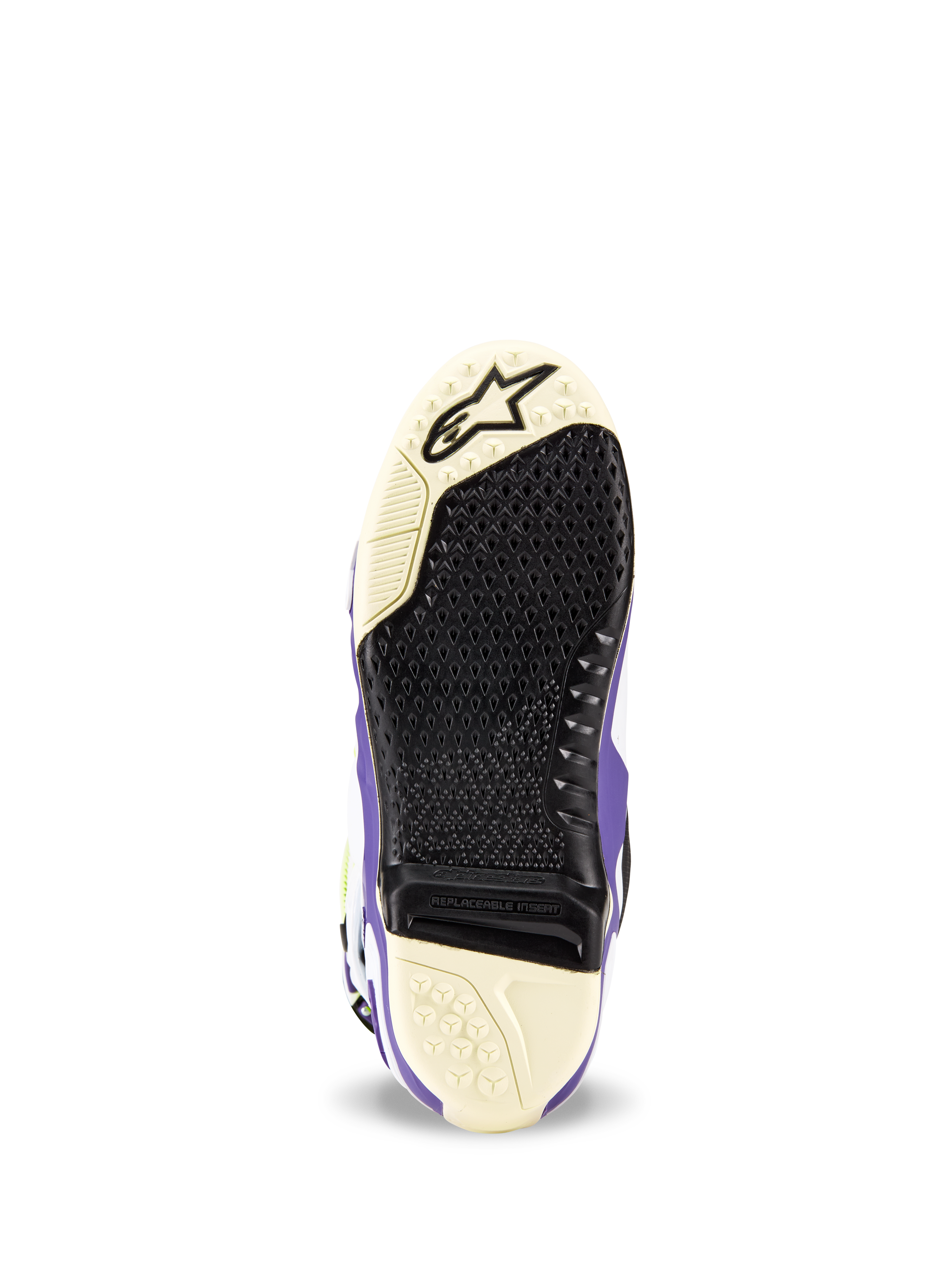 Alpinestars Tech 10 Dirt Studios® LE Stiefel, Sohlenansicht, Weiß, Lila und Schwarz, texturiertes Gripprofil mit austauschbarem Mitteleinsatz, Alpinestars-Logo an der Spitze, strapazierfähiges Sohlendesign für Motocross-Stiefel