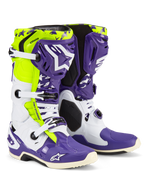 Alpinestars Tech 10 Dirt Studios LE Stiefel, Motocross-Stiefel, Weiß, Lila und Fluo-Gelb, mit weiß-lila Schutzschalen und fluo-gelben Akzenten, 'Dirt Studios'-Branding und weißen Schnallen, limitierte Edition, Hochleistungs-Offroad-Schuhwerk