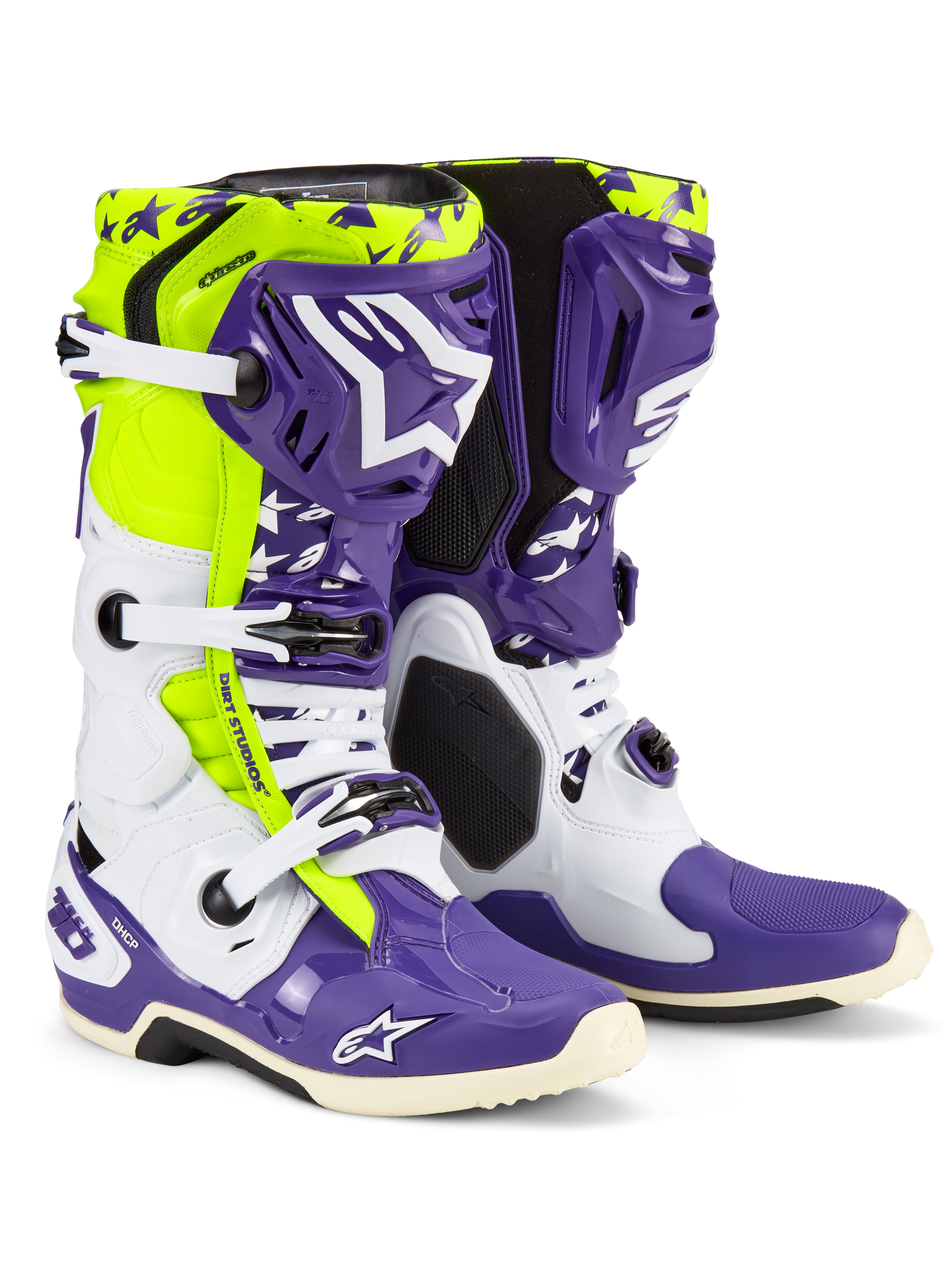 Alpinestars Tech 10 Dirt Studios LE Stiefel, Motocross-Stiefel, Weiß, Lila und Fluo-Gelb, mit weiß-lila Schutzschalen und fluo-gelben Akzenten, 'Dirt Studios'-Branding und weißen Schnallen, limitierte Edition, Hochleistungs-Offroad-Schuhwerk