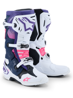 Alpinestars Tech 10 Boots, Motocross Boots, White Violet Navy Blue and Pink Fluo, featuring a triple-buckle closure system, navy and purple panels, and bright pink accents on the straps and logos, professional-grade off-road racing footwear.