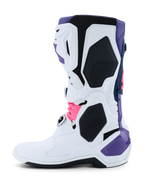 Alpinestars Tech 10 Boots, Motocross Boots, White Violet Navy Blue and Pink Fluo, side profile featuring a white main chassis with violet, navy, and neon pink accents, protective TPU panels, and a sleek design for off-road performance