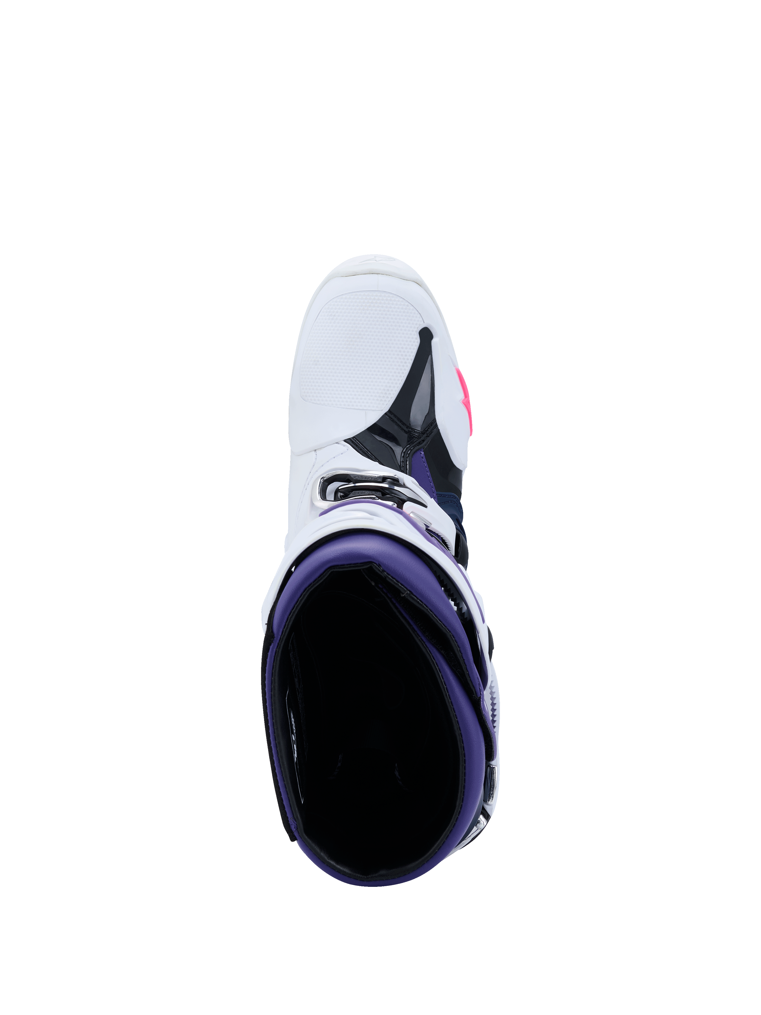 Alpinestars Tech 10 Boots, Motocross Boots, White Violet Navy Blue and Pink Fluo, top-down view looking into the purple interior, white exterior with black and pink accents, professional-grade off-road racing footwear