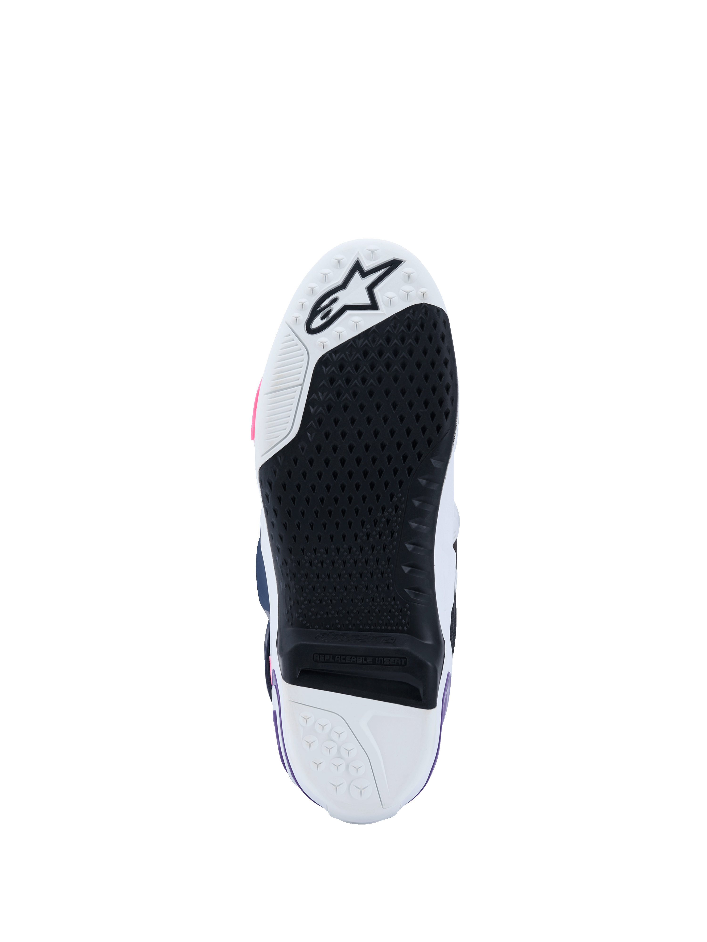 Alpinestars Tech 10 Boots, bottom sole view, White Violet Navy Blue and Pink Fluo, high-grip black rubber tread with replaceable central insert, white toe and heel with star logo, professional motocross footwear