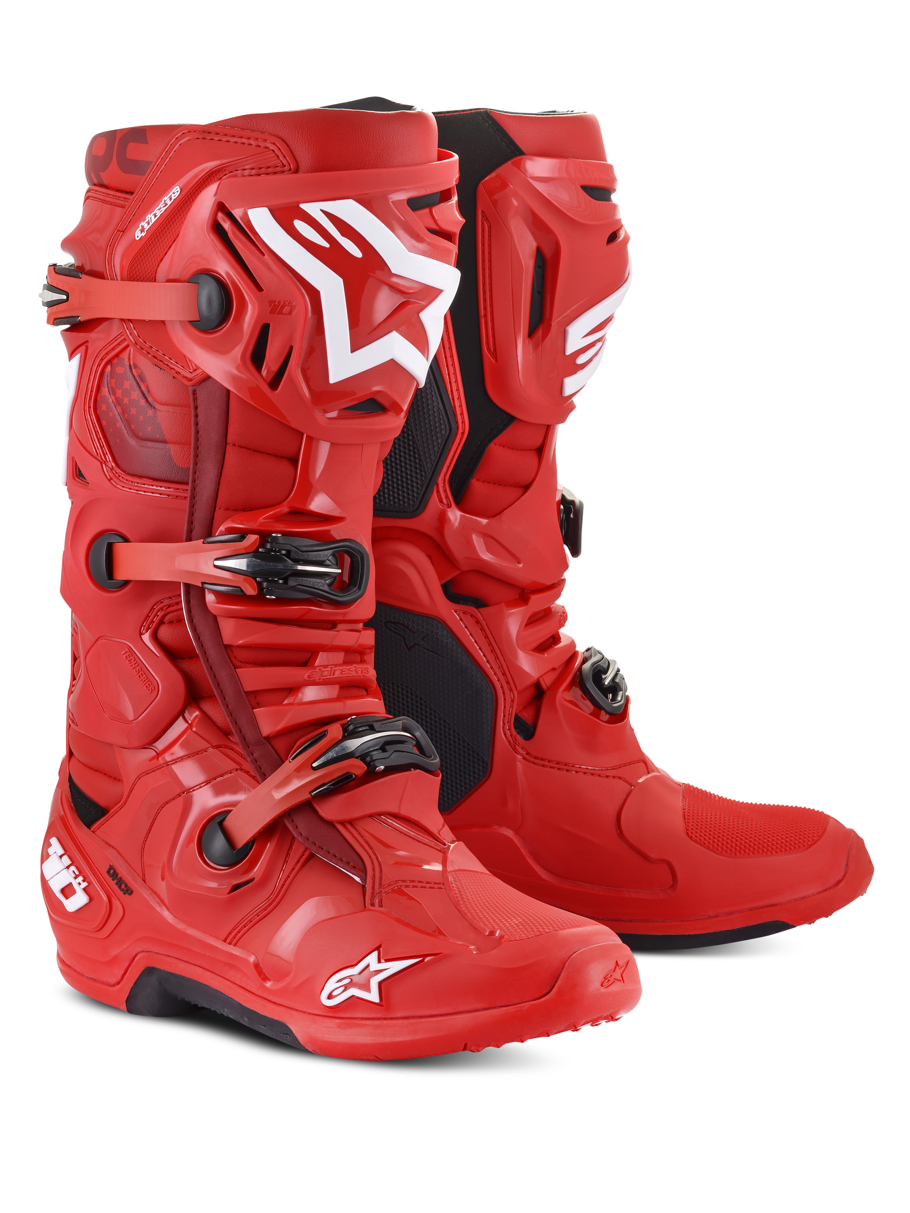 Alpinestars Tech 10 Boots, Motocross Boots, Red with white logos, featuring triple buckle closure system and black soles, durable off-road racing footwear