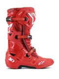Alpinestars Tech 10 Boots, Motocross Racing Boots, Red with white and black accents, side profile view featuring triple buckle closure system, reinforced TPU shell, white star logos, and DHCP technology branding