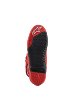 Alpinestars Tech 10 Boots, Red, Sole View, featuring a black replaceable central insert with micro-grip texture, white Alpinestars logo on the toe, durable rubber construction for motocross racing