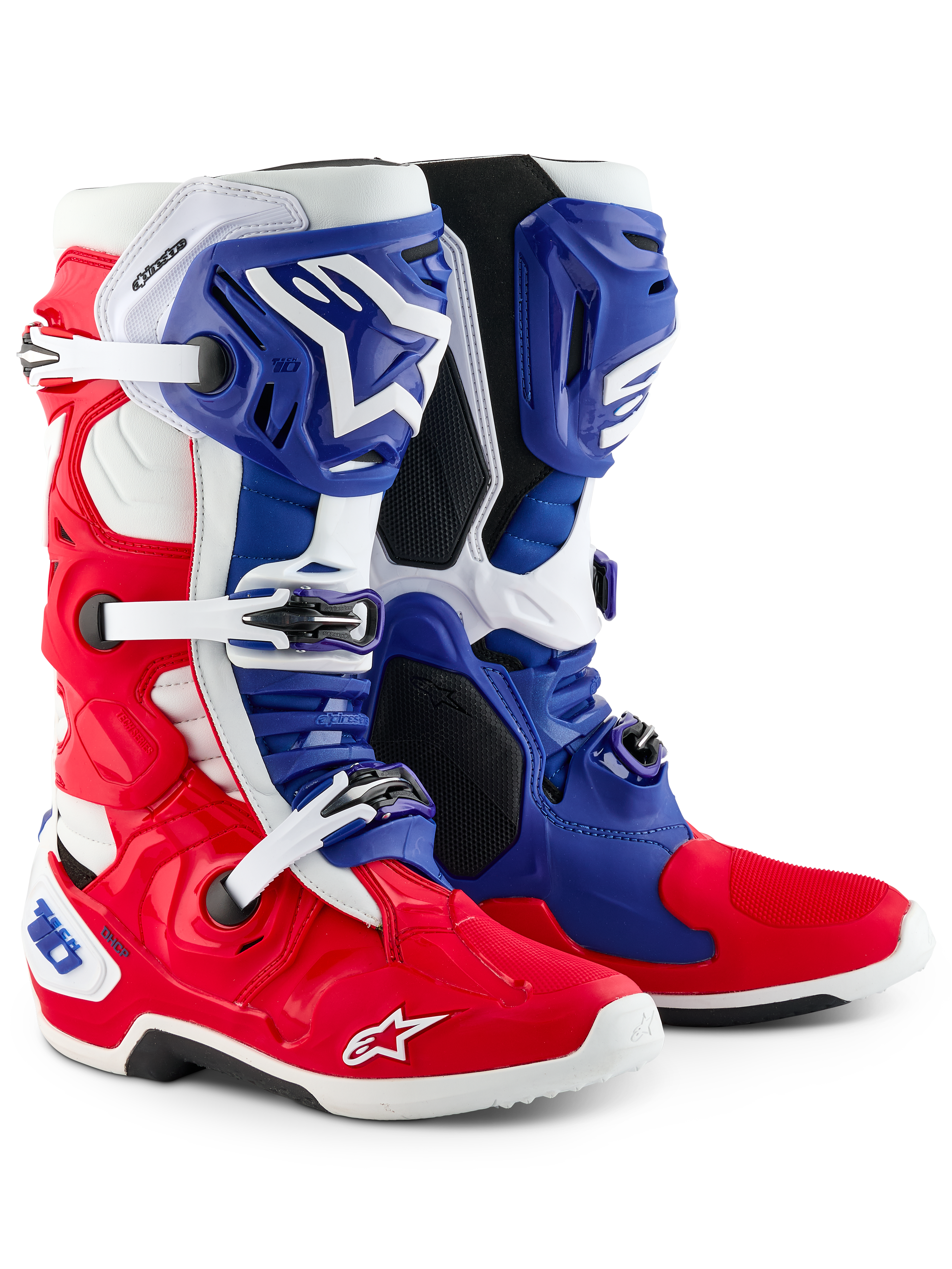Alpinestars Limited Edition Fortitude Tech 10 Stiefel, Motocross-Stiefel, Leuchtendes Rot, Weiß und Blau, mit dreifachem Schnallenverschluss, Astars-Branding und patriotischem Design, strapazierfähige TPU- und Mikrofaser-Konstruktion für Elite-Offroad-Performance