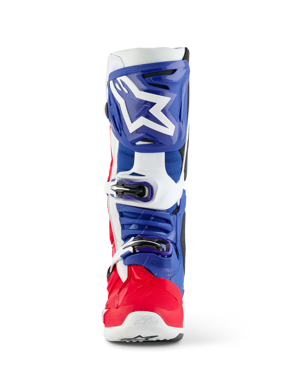 Alpinestars Limited Edition Fortitude Tech 10 Stiefel, Motocross-Stiefel, Hellrot, Weiß und Blau, Frontansicht mit einem großen weißen Stern-Logo auf einer blauen Schienbeinplatte, Dreifach-Schnallen-Verschlusssystem und leuchtend roter Fußschale, entwickelt für Elite-Offroad-Performance.