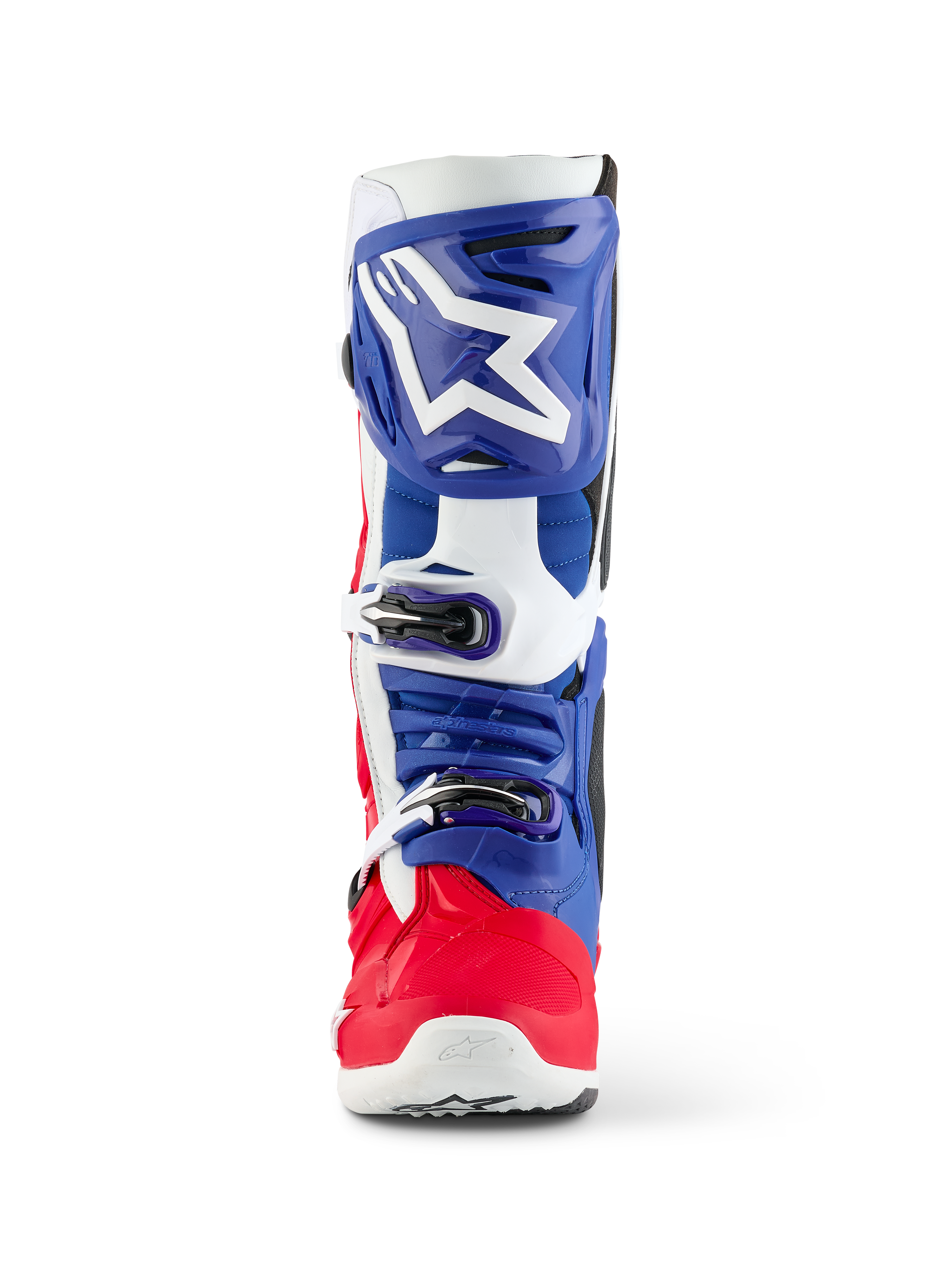 Alpinestars Limited Edition Fortitude Tech 10 Stiefel, Motocross-Stiefel, Hellrot, Weiß und Blau, Frontansicht mit einem großen weißen Stern-Logo auf einer blauen Schienbeinplatte, Dreifach-Schnallen-Verschlusssystem und leuchtend roter Fußschale, entwickelt für Elite-Offroad-Performance.