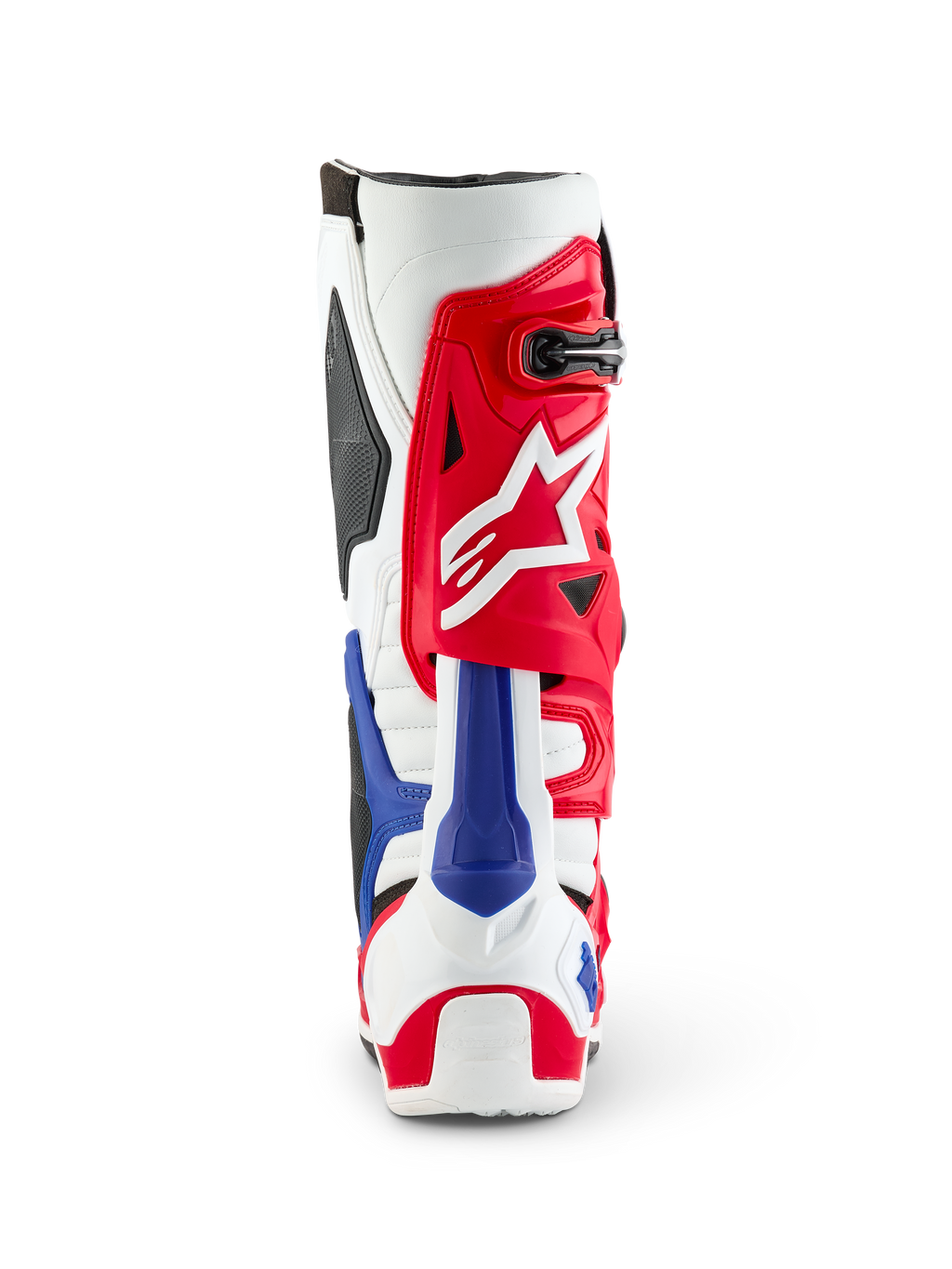 Alpinestars Limited Edition Fortitude Tech 10 Stiefel, Rückansicht, patriotische Farbgebung in Rot, Weiß und Blau, auffälliges rotes Obermaterial mit weißem Stern-Logo und blauem Fersenschutz, professionelles Motocross-Performance-Schuhwerk
