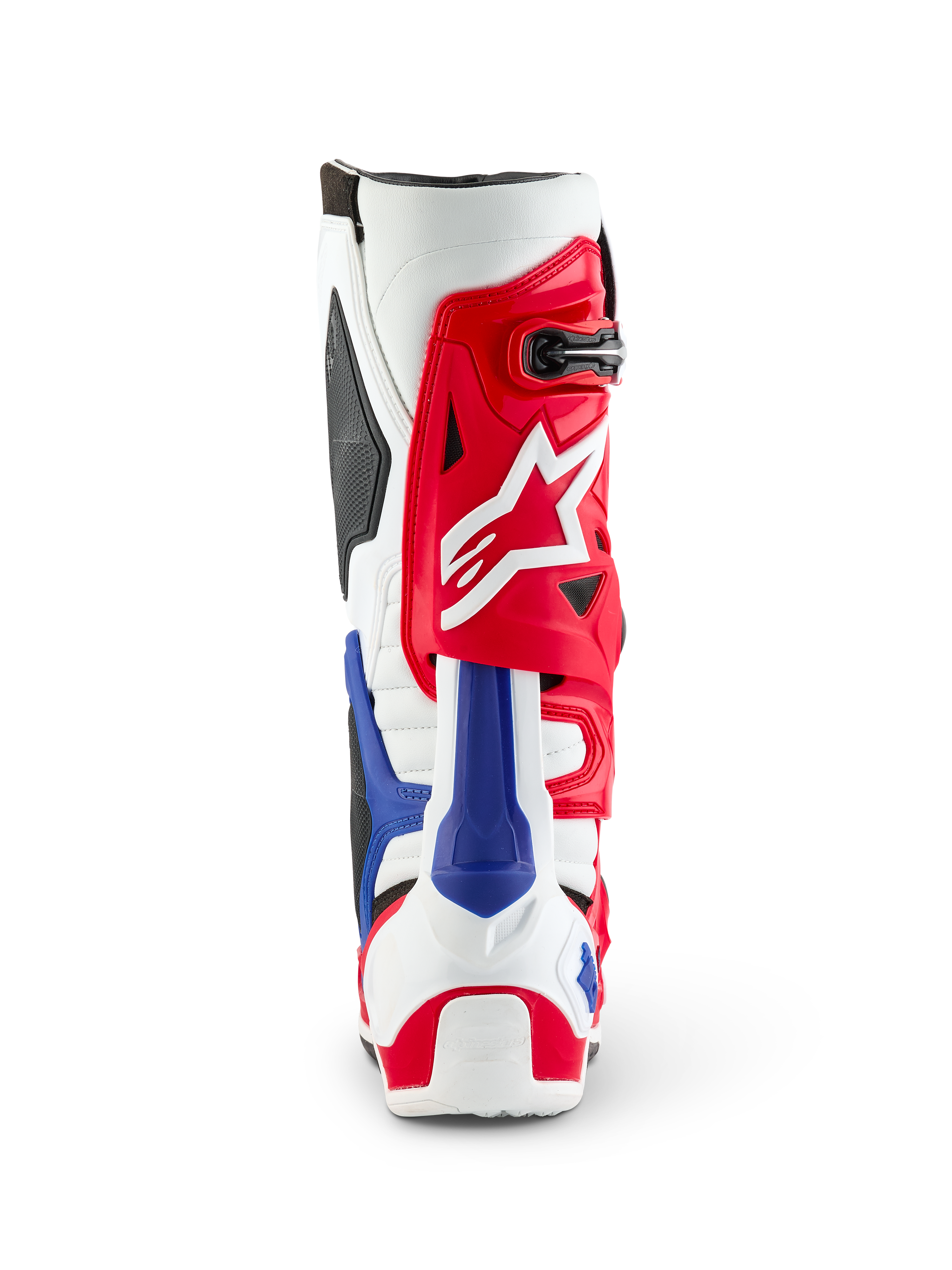 Alpinestars Limited Edition Fortitude Tech 10 Stiefel, Rückansicht, patriotische Farbgebung in Rot, Weiß und Blau, auffälliges rotes Obermaterial mit weißem Stern-Logo und blauem Fersenschutz, professionelles Motocross-Performance-Schuhwerk