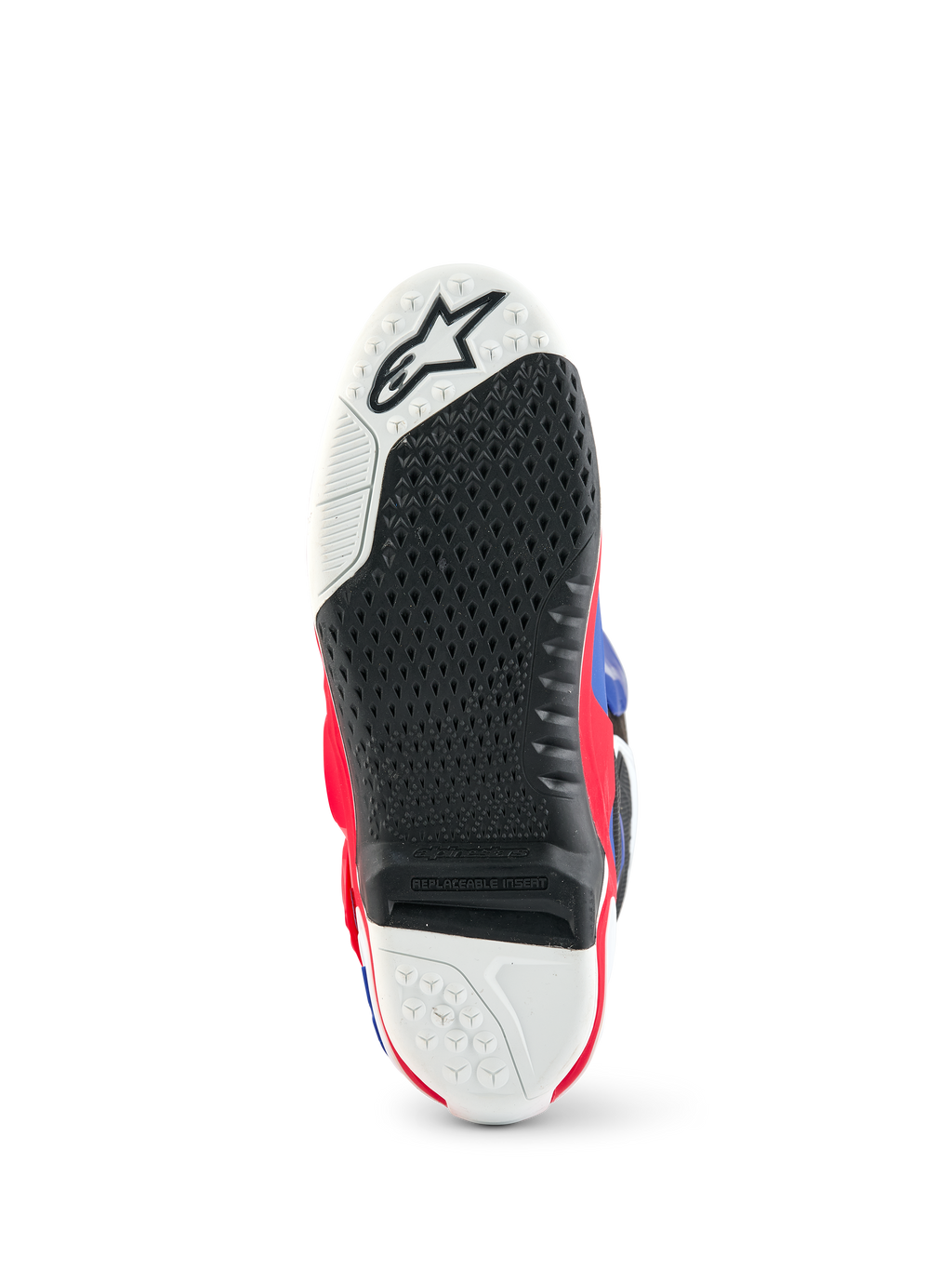 Alpinestars Limited Edition Fortitude Tech 10 Stiefel, Sohlenansicht des Motocross-Stiefels, schwarz-weißes strukturiertes Gripmuster, austauschbarer zentraler Einsatz, Akzente in Bright Red, White und Blue, strapazierfähige Konstruktion für Offroad-Performance