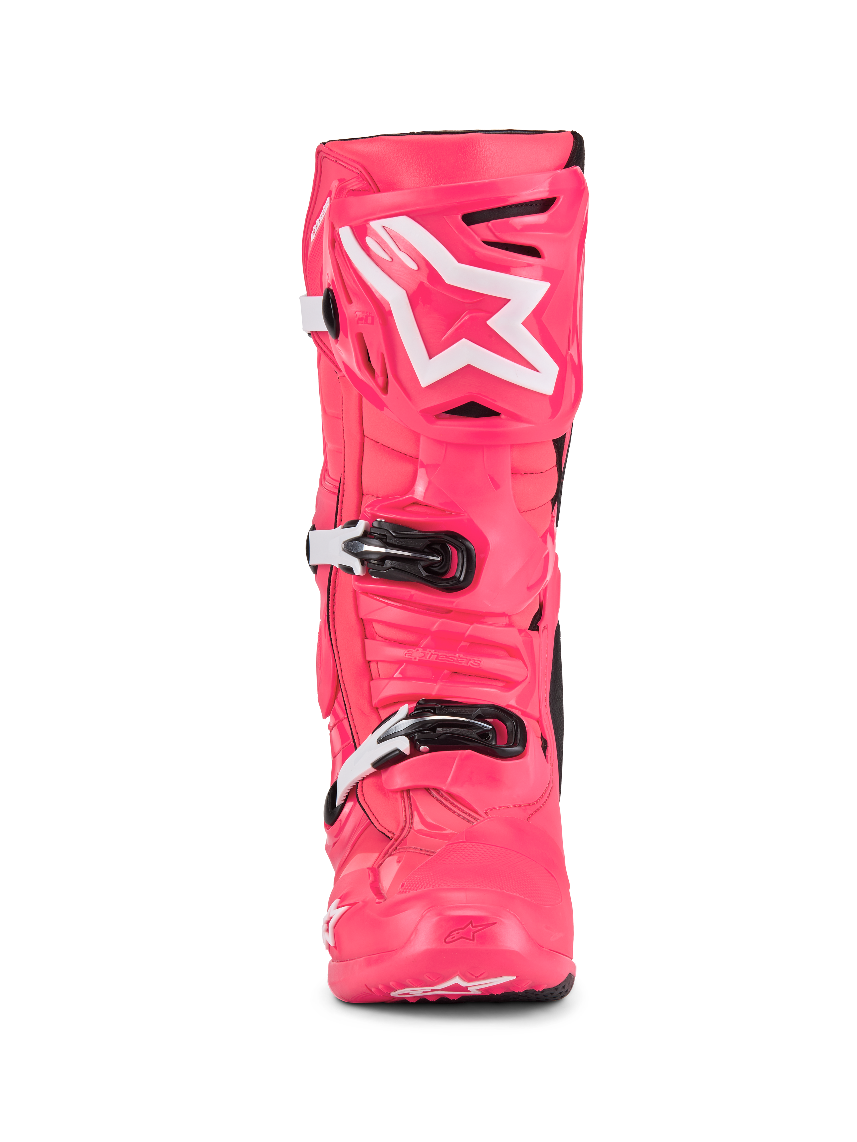 Alpinestars Tech 10 Boots, Motocross Boots, Diva Pink and White, front view, featuring white star logo on the shin plate, durable TPU shell with black and white buckles, professional off-road racing footwear