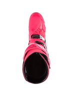 Alpinestars Tech 10 Boots, Motocross Boots, Diva Pink and White, top-down view looking into the black interior lining, pink outer shell with white and black buckle accents, performance off-road footwear
