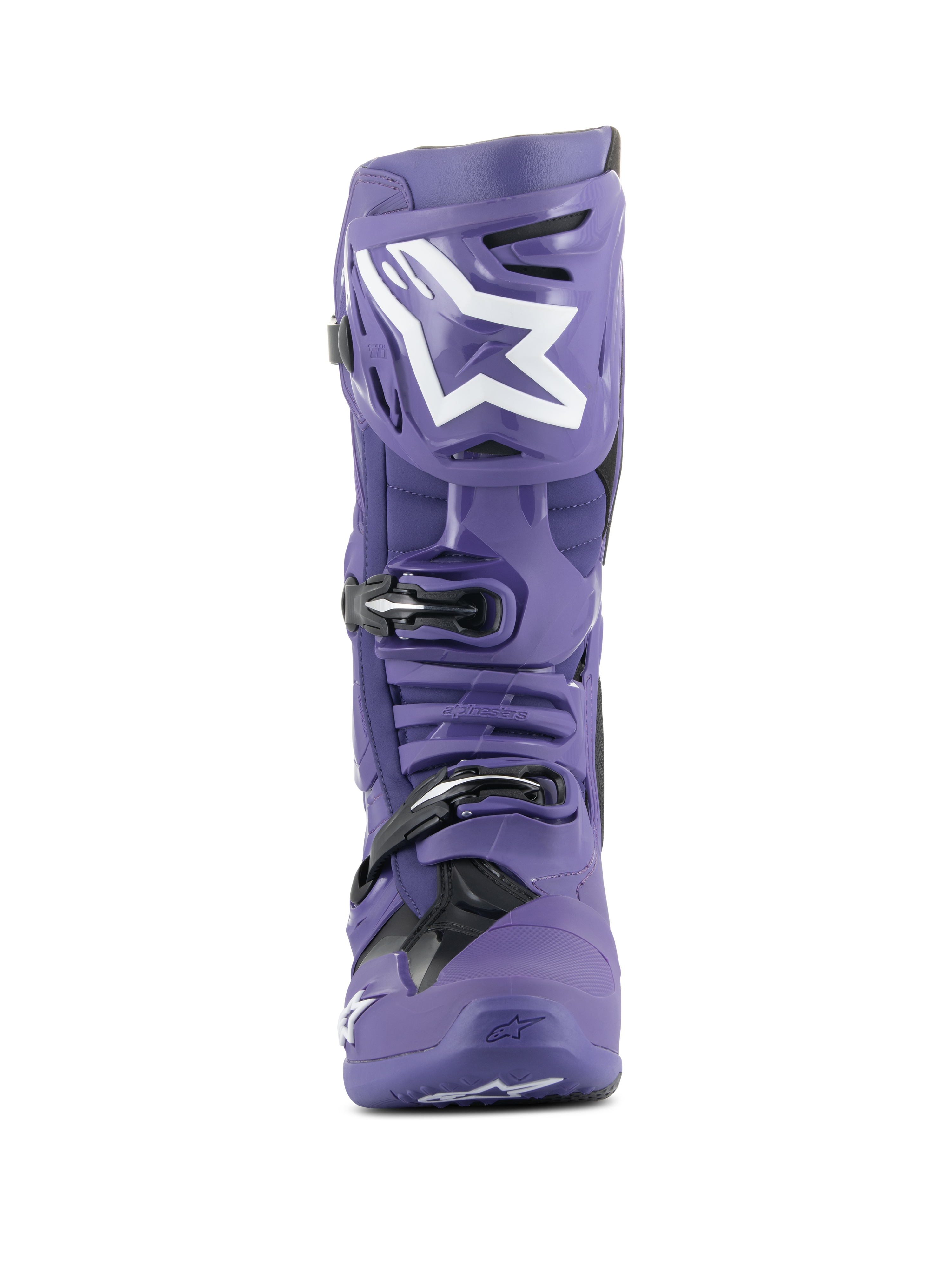Alpinestars Tech 10 Boots, Motocross Boots, Ultraviolet Purple and Black, front view, featuring white Alpinestars logo on the shin, triple buckle closure system, durable TPU shell for off-road racing