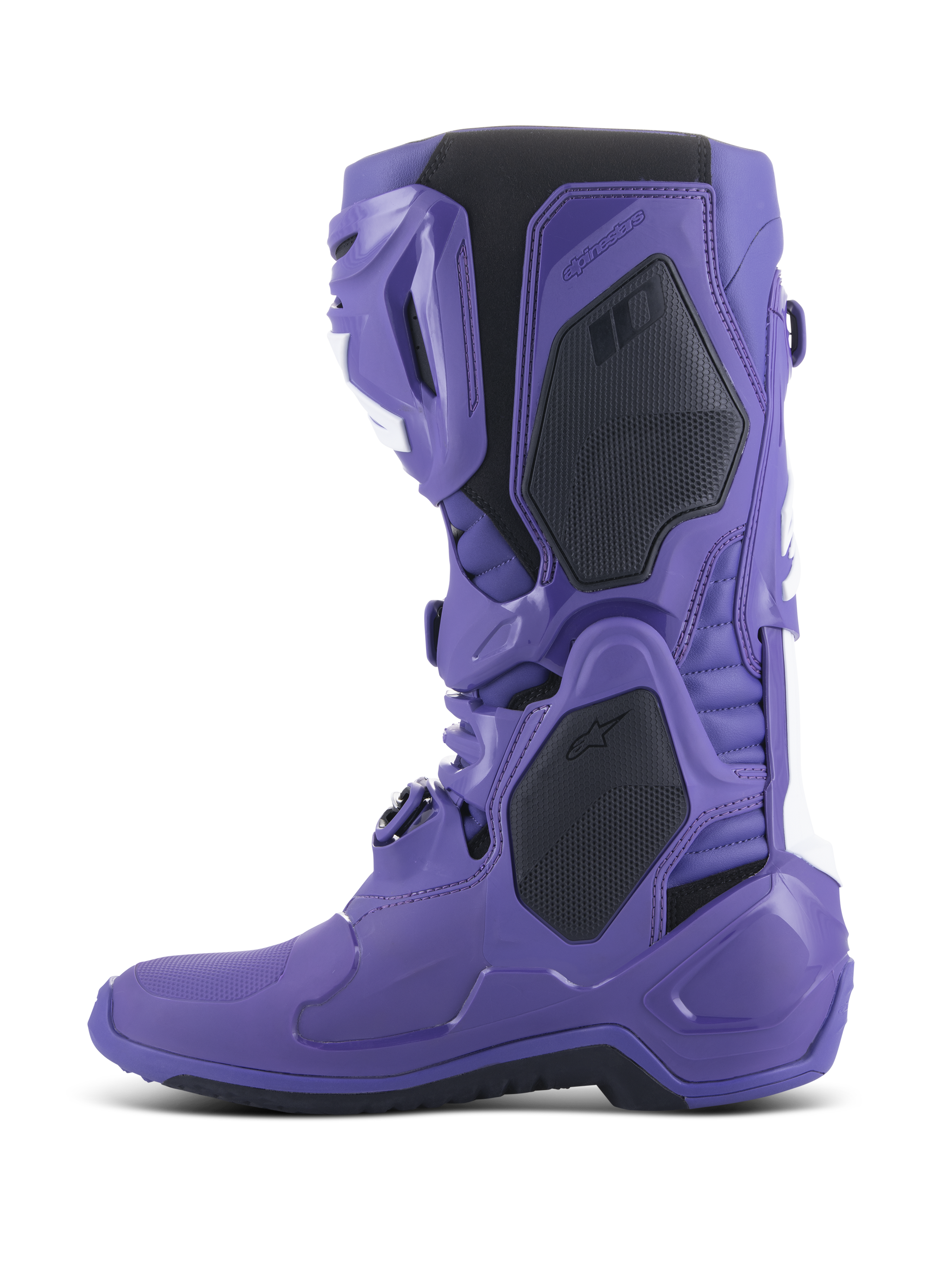 Alpinestars Tech 10 Boots, Motocross Boots, Ultraviolet Black, side profile view, featuring vibrant purple TPU shell with black and white accents, advanced buckle closure system, and reinforced protective panels for off-road performance.