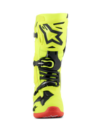 Alpinestars Tech 10 Stiefel, Motocross-Stiefel, Gelb Fluo Schwarz und Rot Fluo, Frontansicht, neongelbes Chassis mit schwarzen TPU-Akzenten und Schnallensystem, rote Sohle, hochwertiges Schuhwerk für den Offroad-Rennsport