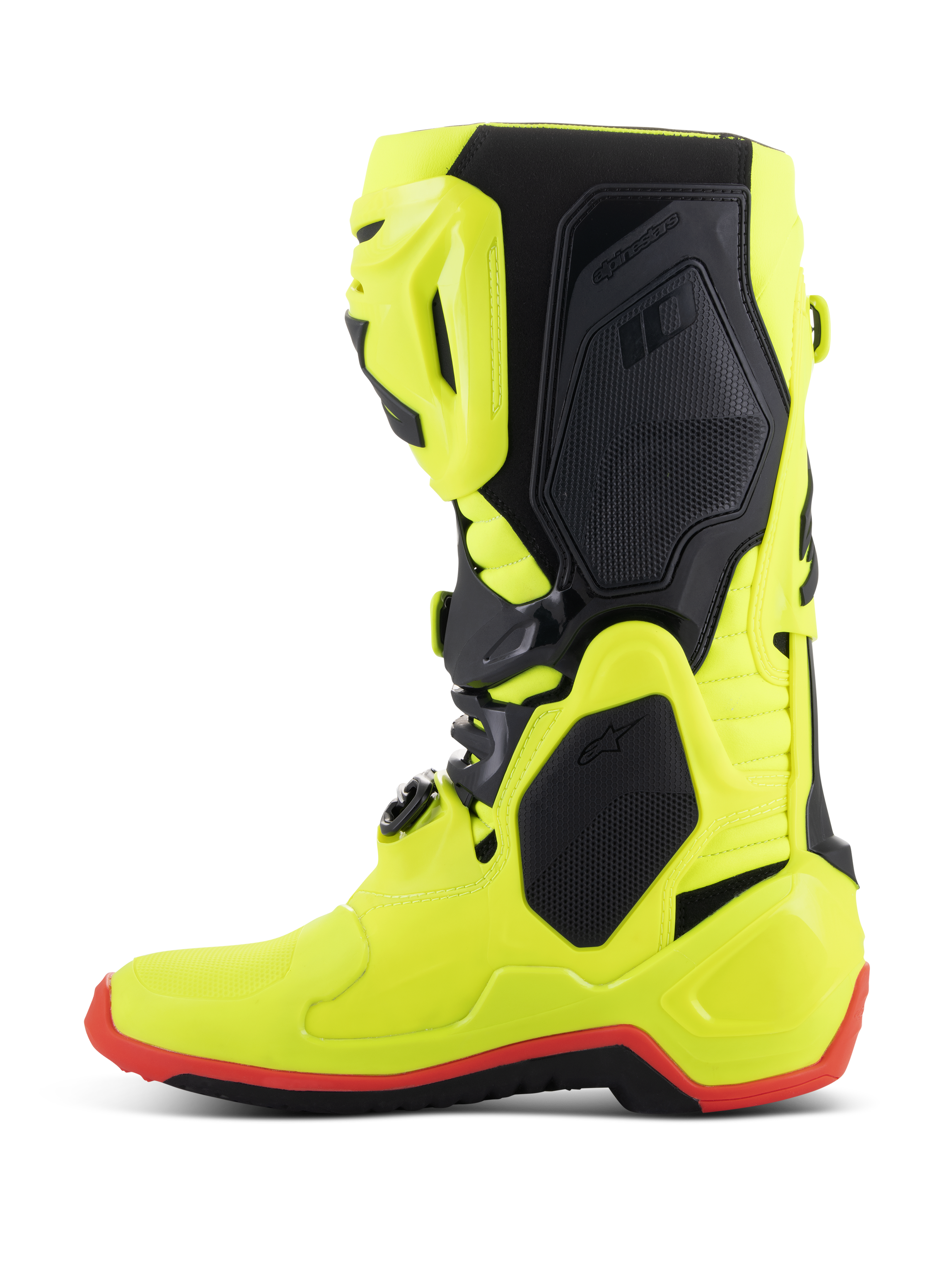 Alpinestars Tech 10 Stiefel, Motocross-Stiefel, Gelb Fluo Schwarz und Rot Fluo, Seitenprofil, leuchtend neongelbe Konstruktion mit schwarzen Schutzpaneelen und roten Fluo-Sohlendetails, Hochleistungsausrüstung für Offroad-Rennsport