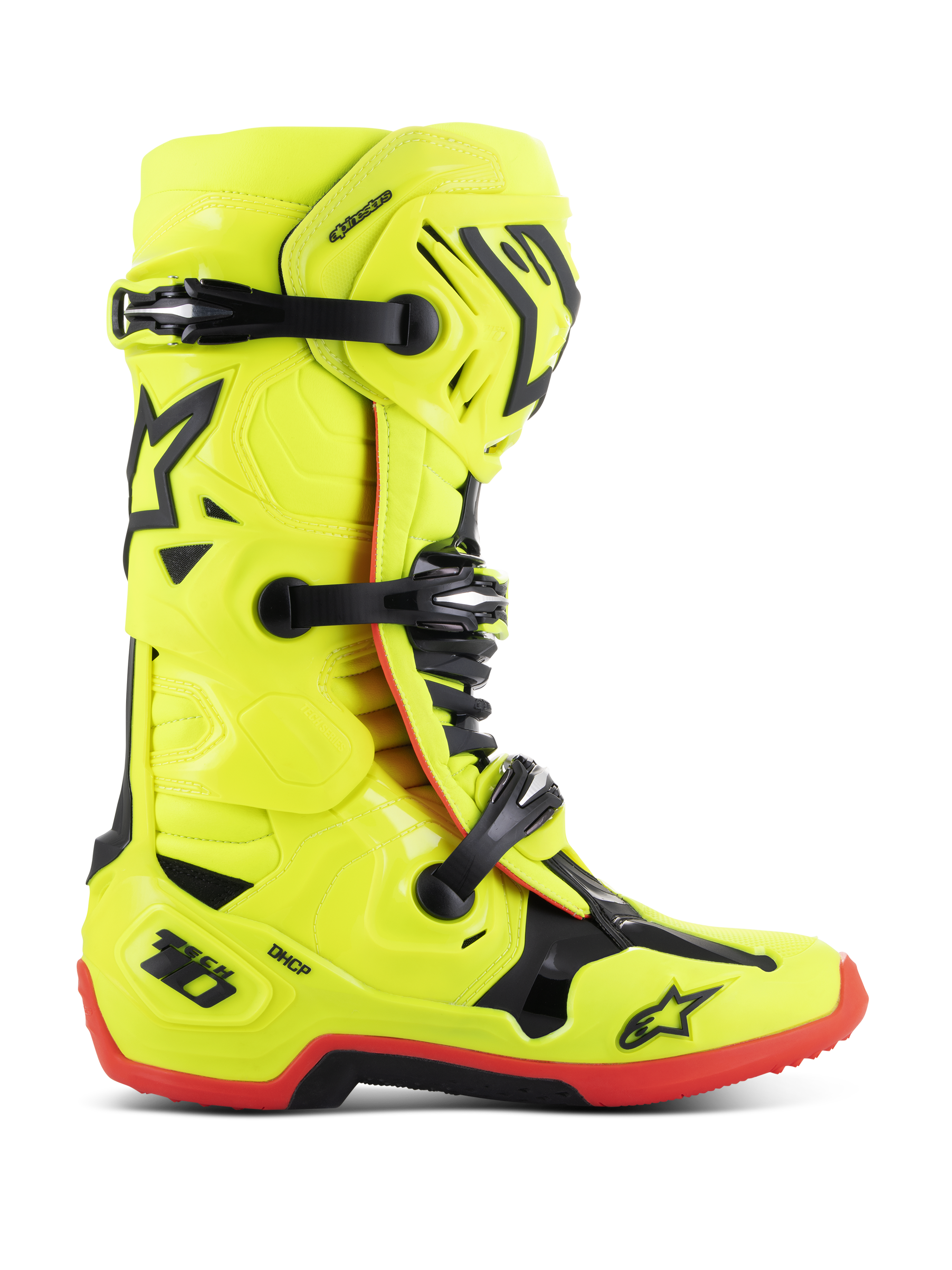 Alpinestars Tech 10 Boots, Motocross Racing Boots, Yellow Fluo with Black and Red accents, side profile view featuring triple buckle closure, reinforced shin plate, red high-traction sole, and DHCP heel protection, professional off-road motorcycle gear