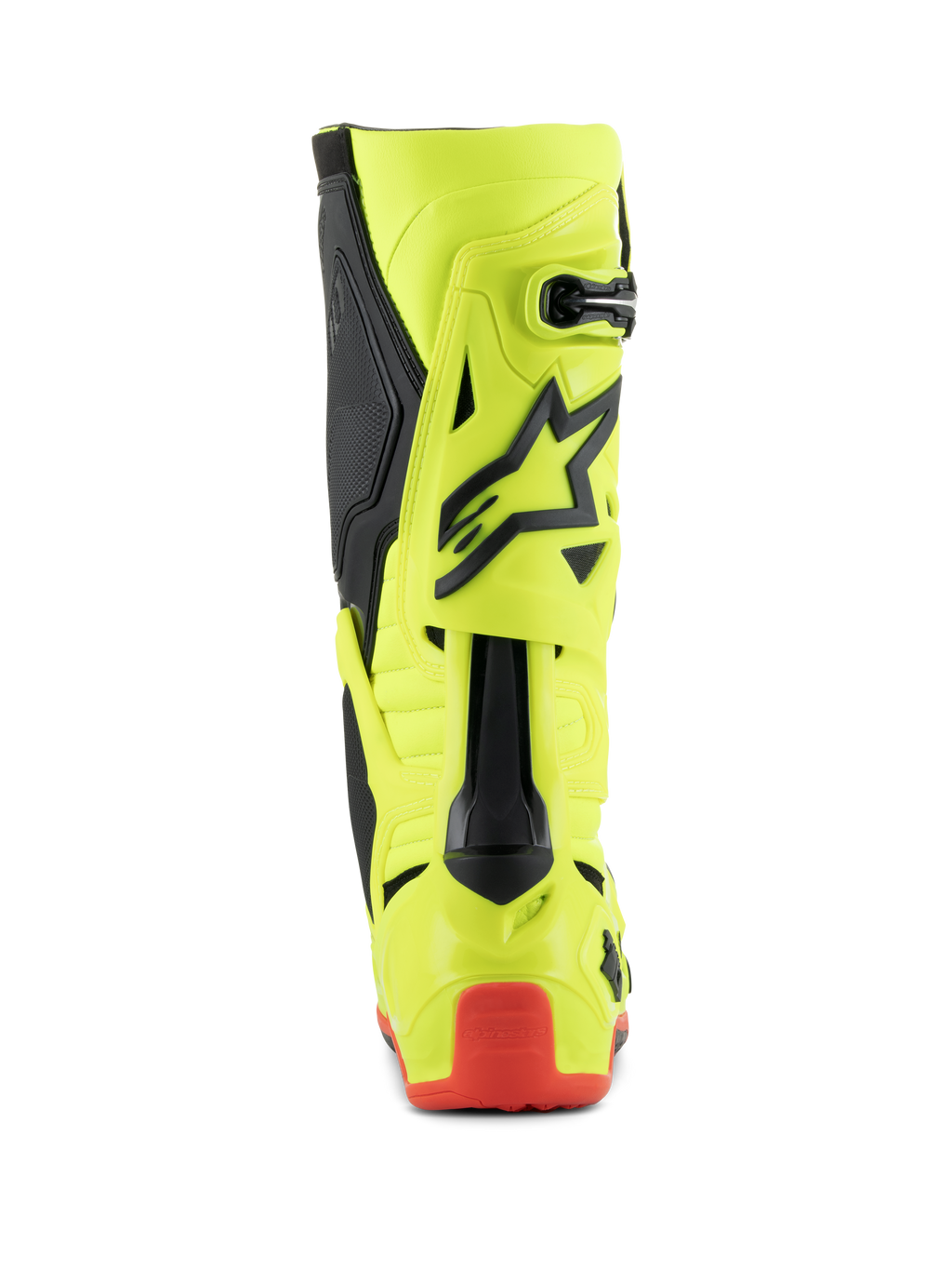 Alpinestars Tech 10 Stiefel, Motocross-Stiefel, Gelb Fluo Schwarz Rot Fluo, Rückansicht mit neongelbem Gehäuse, schwarzen Akzenten und rotem Fersenschutz, professionelles Schuhwerk für den Offroad-Rennsport
