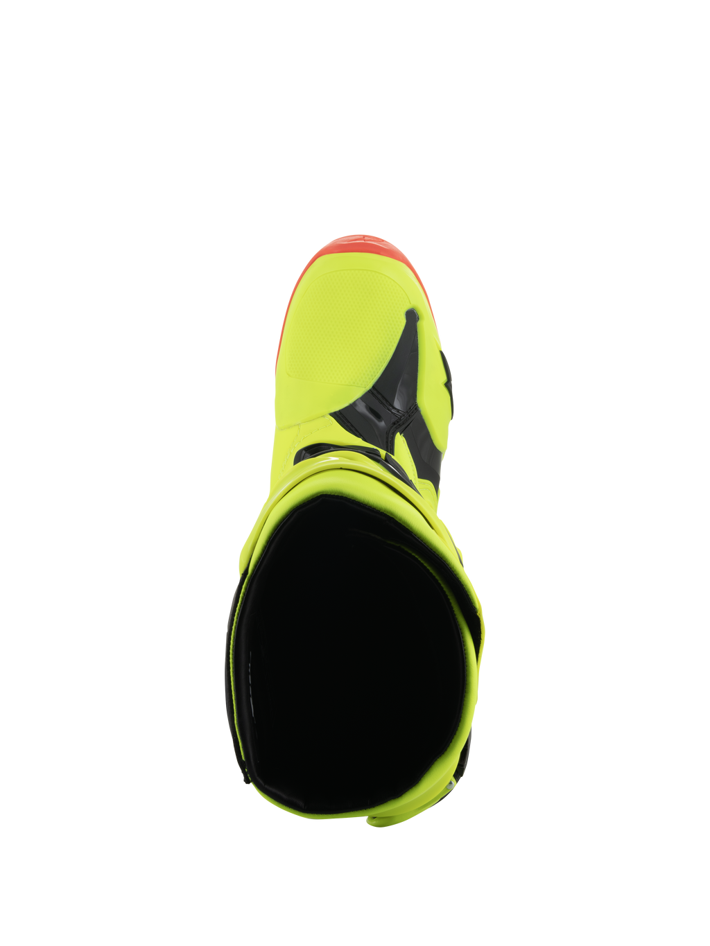 Alpinestars Tech 10 Stiefel, Motocross-Stiefel, Gelb Fluo, Schwarz und Rot Fluo, Draufsicht mit Fokus auf die Einstiegsöffnung und den Zehenbereich, leuchtende Neonfarben mit schwarzen Akzenten, professionelles Schuhwerk für den Offroad-Rennsport